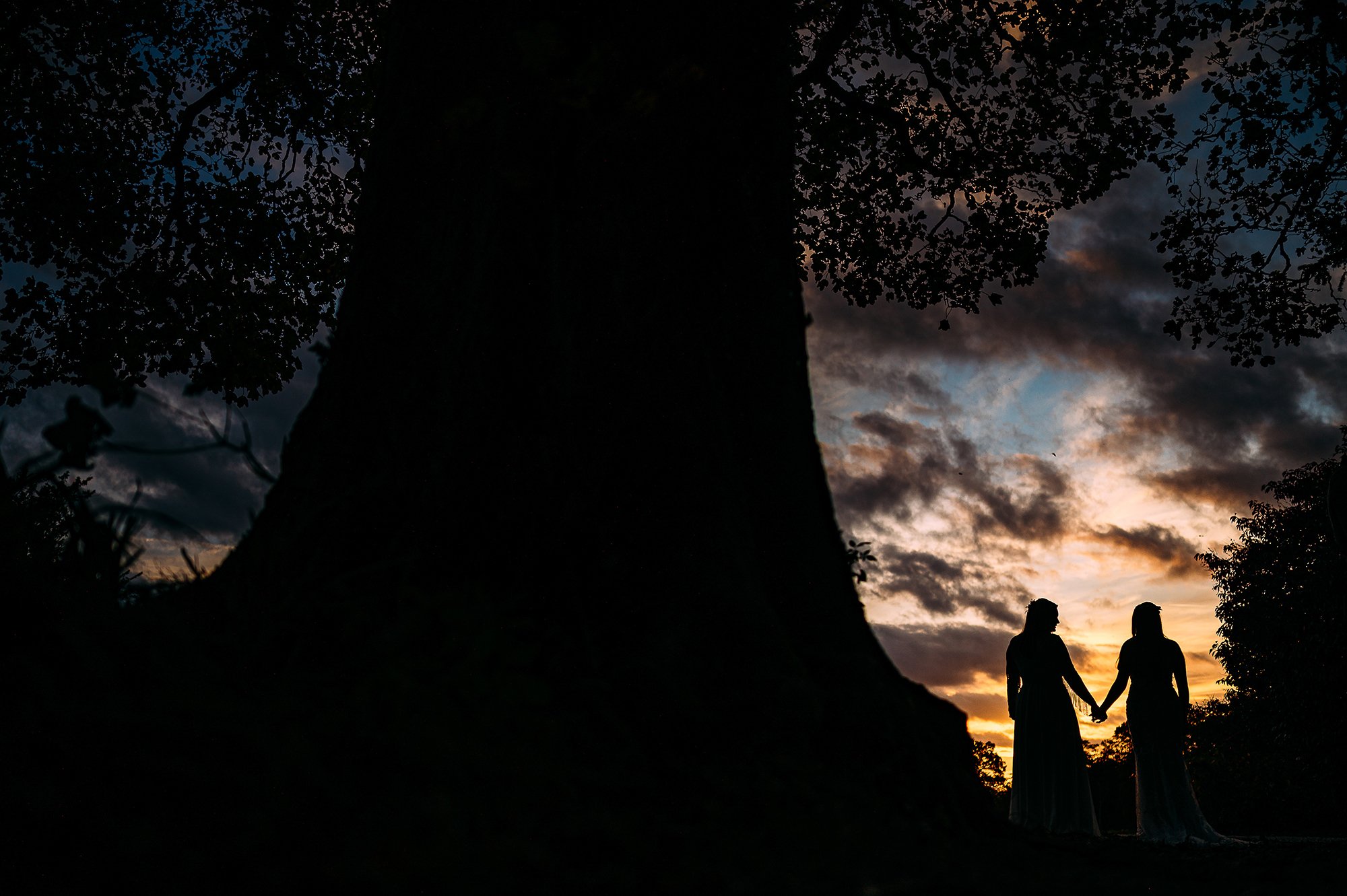  2 brides sunset silhouette. 