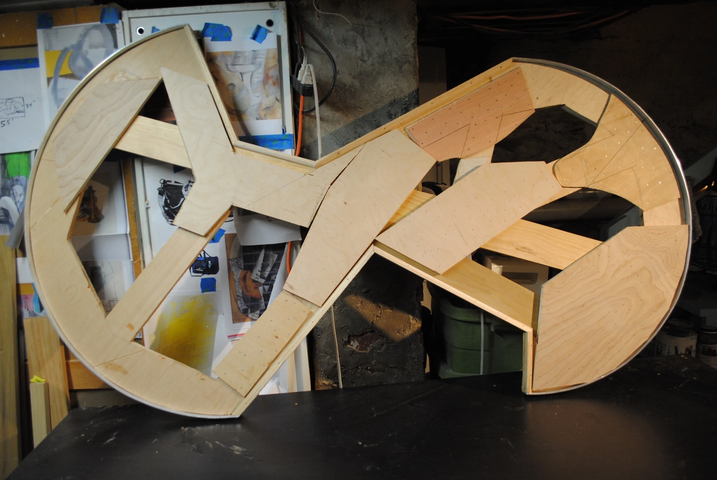 shaped stretcher frame for CONVERTED DEFLECTION in the studio, 2016, popular, plywood, luan and aluminium, 36.5 x 62 inches