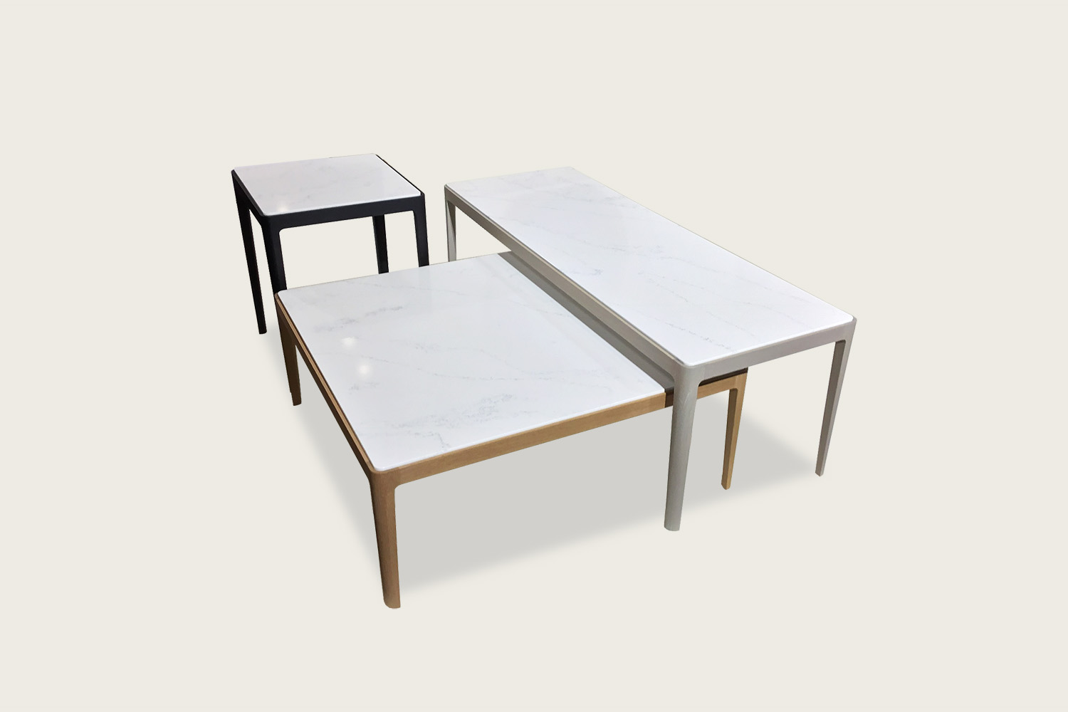 Stadia Coffee Tables in solid oak with quartz tops - Speke Klein