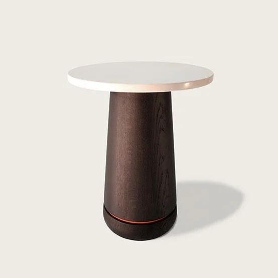 Phase Table. Solid black oak with quartz top. A beautiful little cocktail table to place beside a sofa or lounge chair. Customize the finish as you need. 
#sidetable #pedestaltable #cocktailtables #livingroom #loungedesign #hospitality #contractdesi