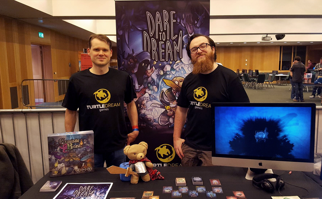 Ethan and Sean from Turtle Dream Games... that little guy in front is Theodore, aka the best mascot ever.