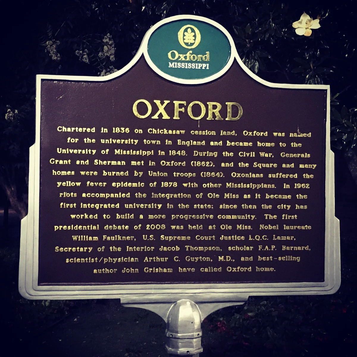 Historical marker, downtown Oxford, Mississippi. Chickasaw land.
