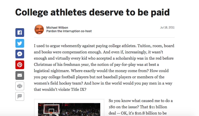From ESPN.com in 2011, the ongoing debate about paying college athletes.