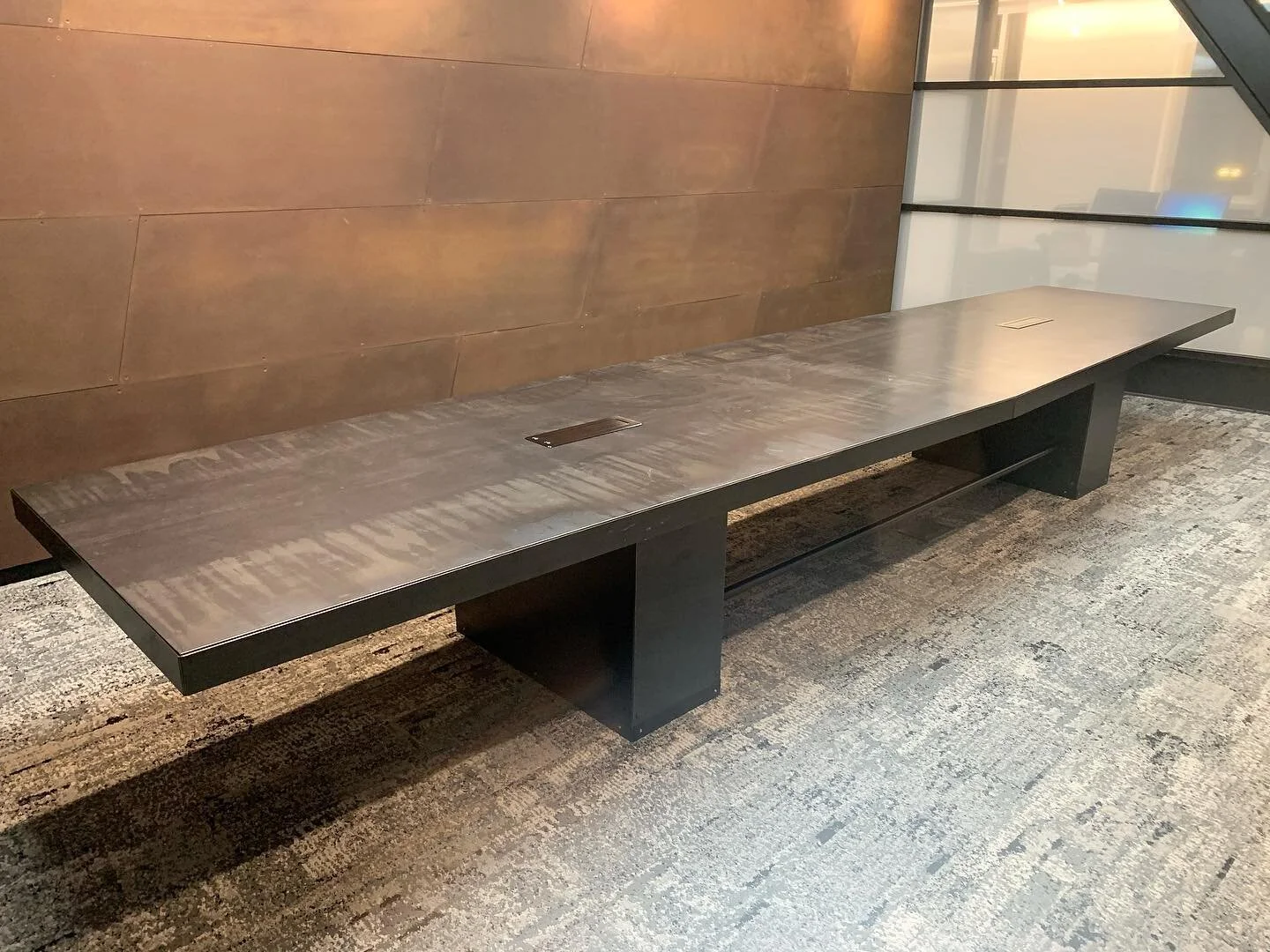 18ft conference table for an insane law office in El Segundo. Solid steel, clear powder coated, and matte black powder coated accents. #rahdesign