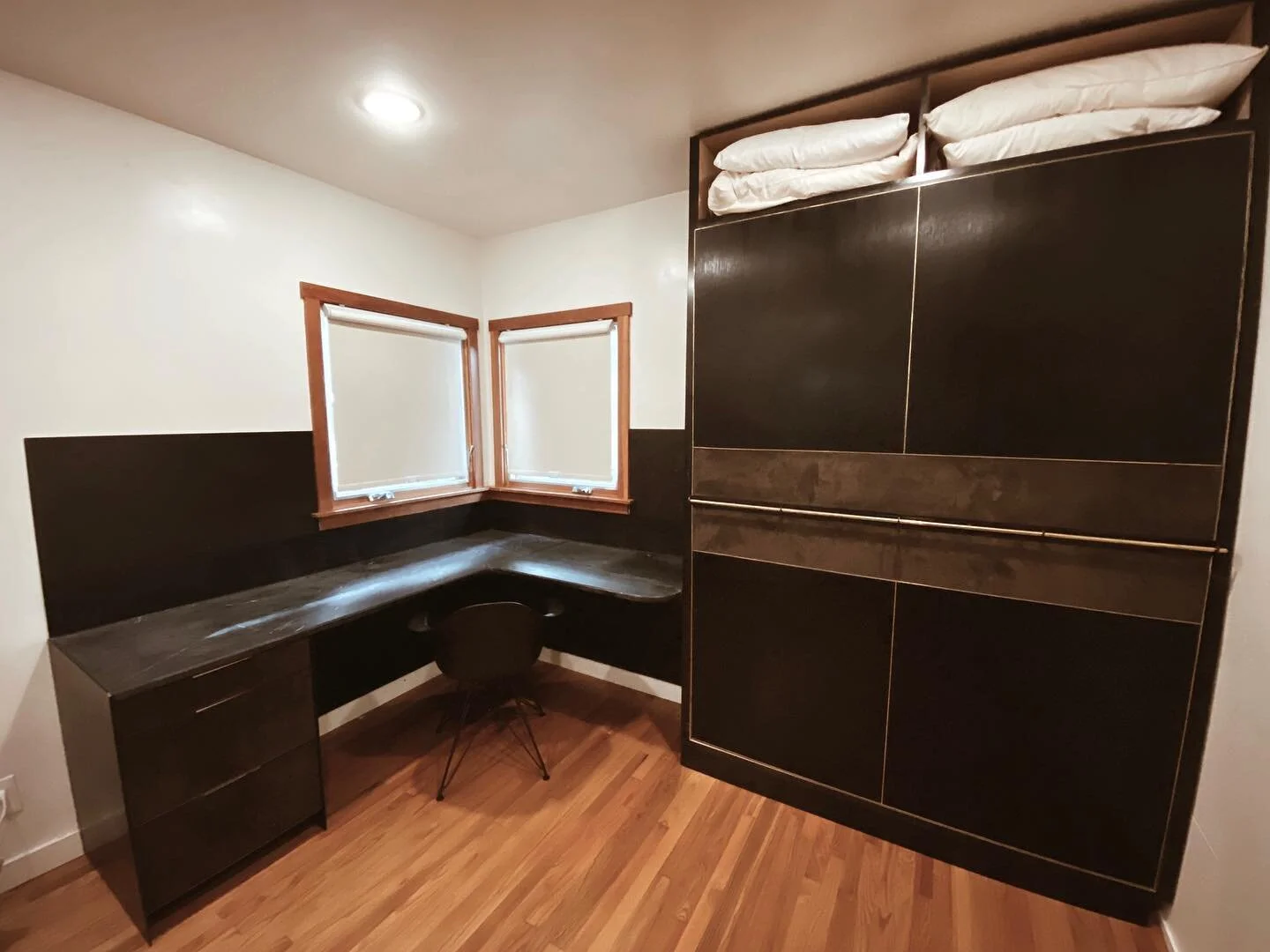 NEED THIS GONE! Anyone remodeling and need a Murphy bed/desk set up? Materials: soap stone desk top, blackened steel trim and accents, white oak and ebonized white oak timber. DM me for dimensions and pricing. Will install in the greater LA area! Hit