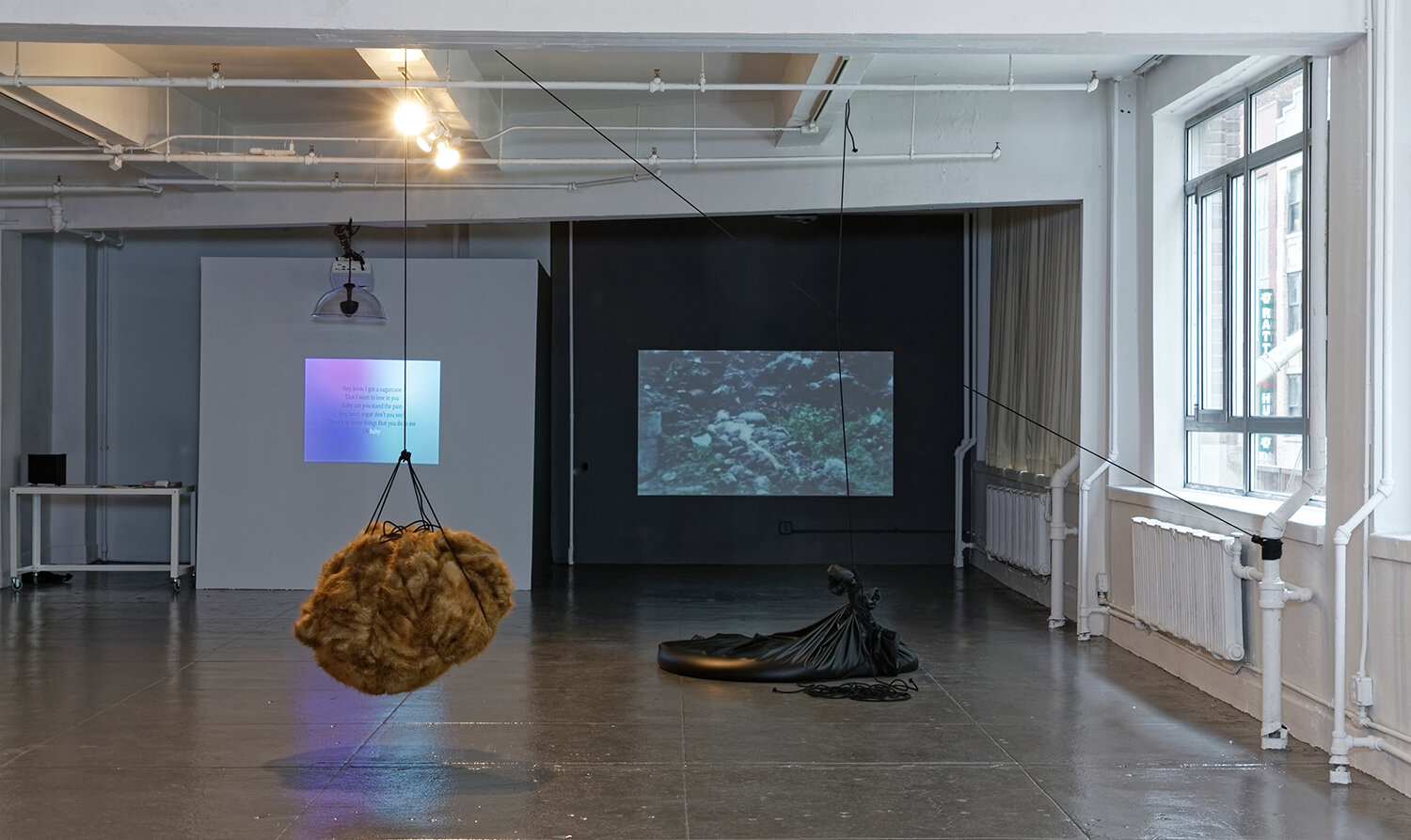  Installation view of  Soft and Wet . Works (left to right): Arooj Aftab,  Soft and Wet , 2019; Julie Tolentino,  ...soft as a lion, wet as the night , 2019; Ana Mendieta,  Burial Pyramid , 1974. Photograph by Matt Vicari 