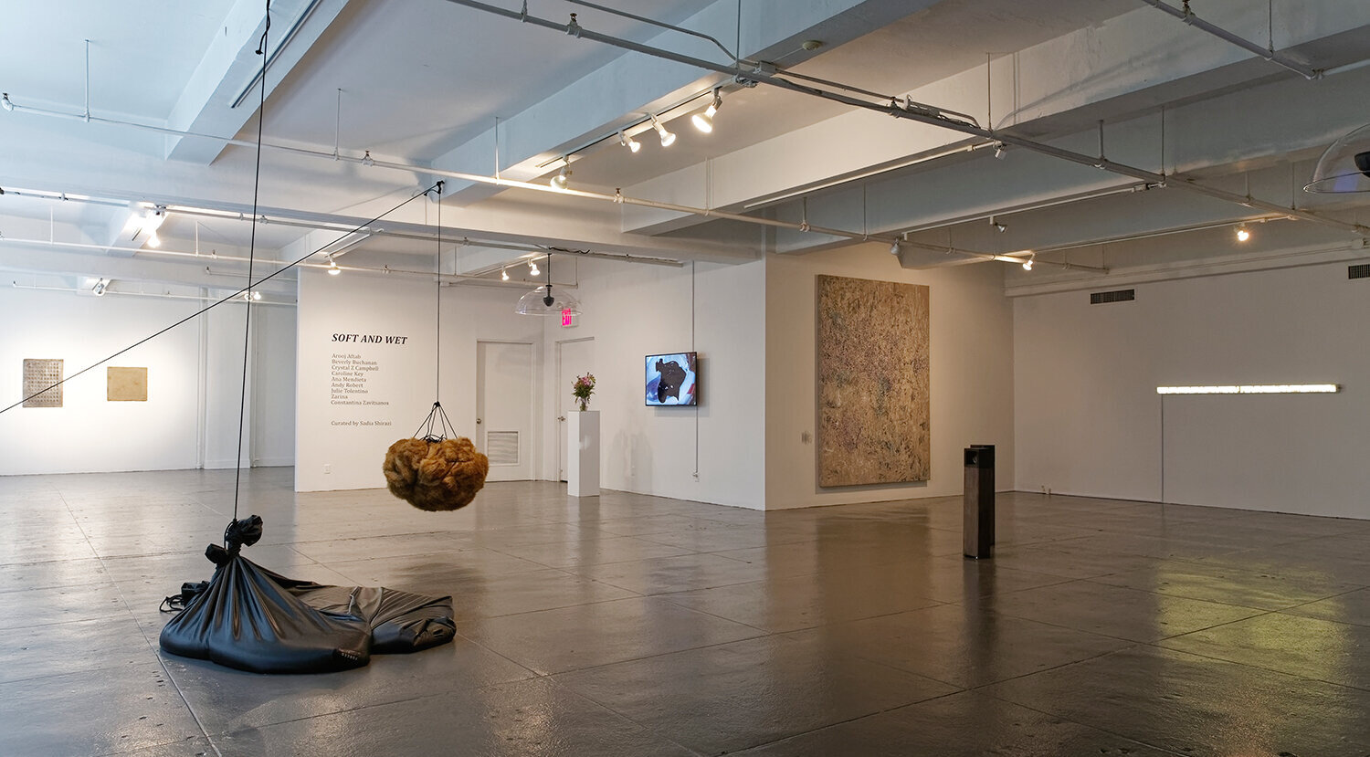 Installation view of  Soft and Wet . Works (left to right): Zarina,  Corners , 1980; Zarina,  I Whispered to the Earth , 1979; Julie Tolentino,  ...soft as a lion, wet as the night , 2019; Caroline Key,  Khôra , 2019; Andy Robert,  After Prince , 20