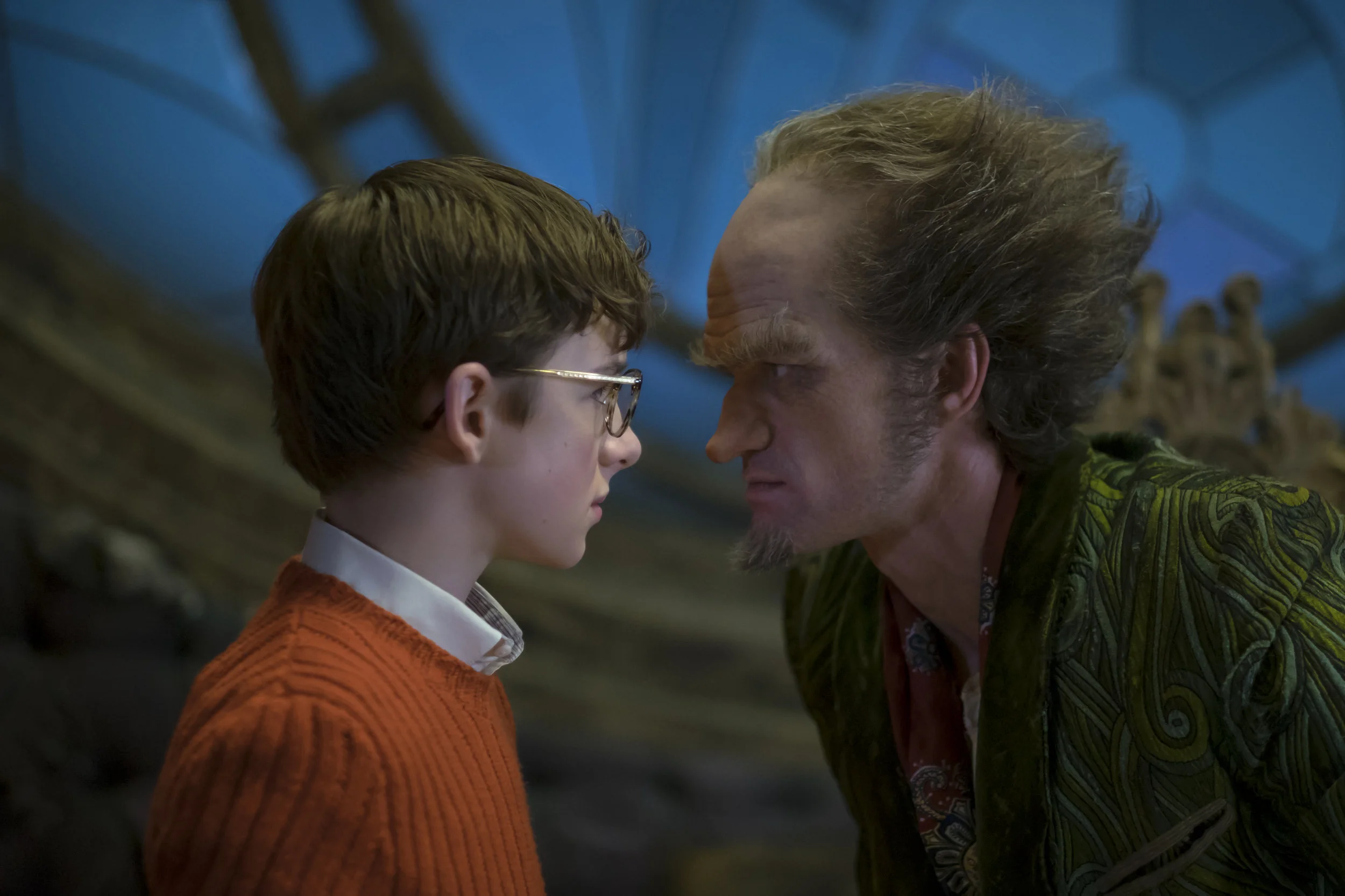 Joe Lederer/Netflix - Louis Hynes as Klaus Baudelaire and Neil Patrick Harris as Count Olaf