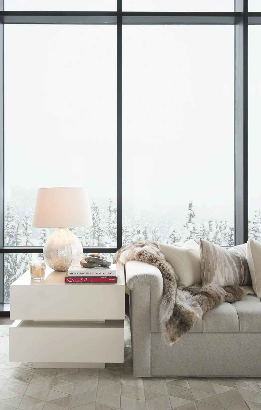 Even though it was all clouds and snow outside, this home shot beautifully! The snow capped trees actually added to the amazing furnishings.