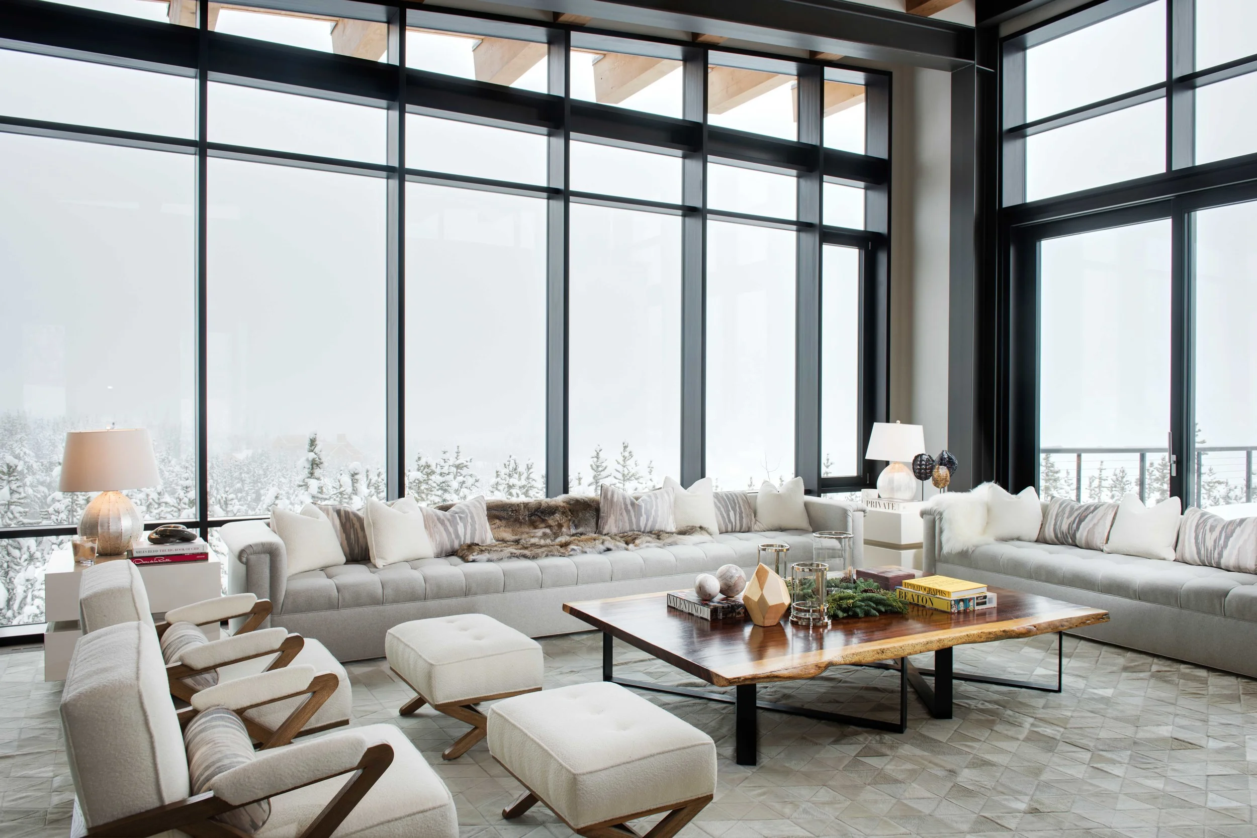Though the clouds blocked the gorgeous mountain views, the whites on the trees really complimented the bright furnishings. The interiors of this Reid Smith home were designed by Anna Burke Interiors - they did a fabulous job! The 15 foot cashmere couch is a place I could relax for a long while!