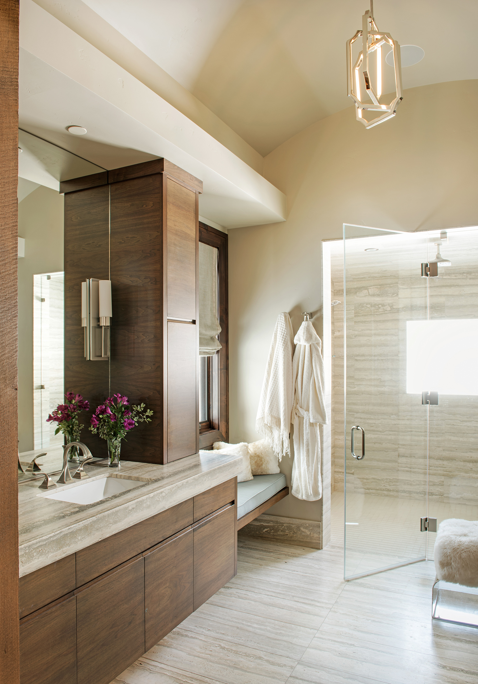 The master bath is open, warm, and maybe one of my favorite rooms in the house! Check out the shower!