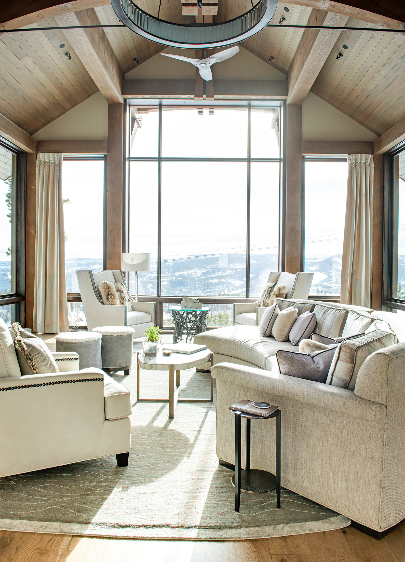 Bright, open, & airy is how I describe this beautiful great room designed by Michelle Varda from Varda Interiors . I am obsessed with the furnishings, they brighten up the room perfectly! Builder - Big Sky Build