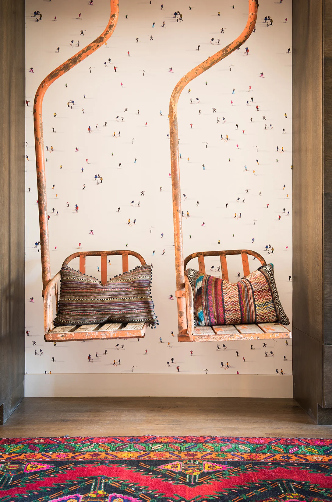 YES!! Colorful and fun! I love the use of these old chairlifts in this entryway. The wallpaper is a nice touch too! Interior Design - Carole Sisson Designs