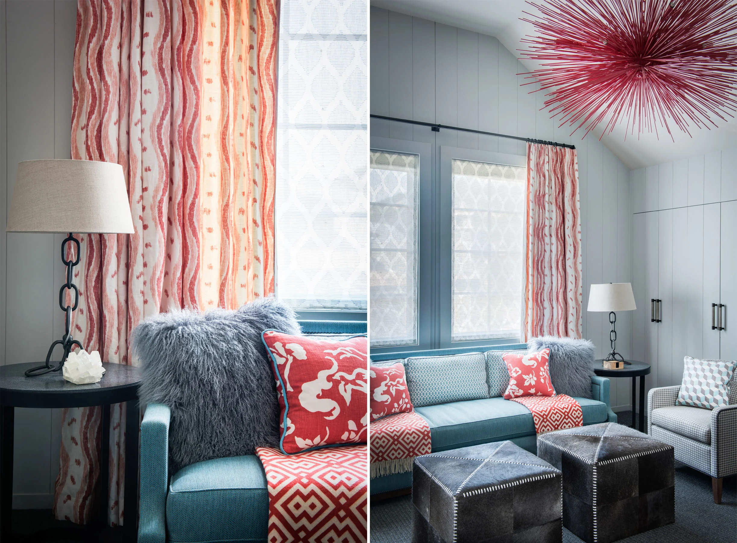 I love all the bold colors in this playful playroom. That light is amazing!