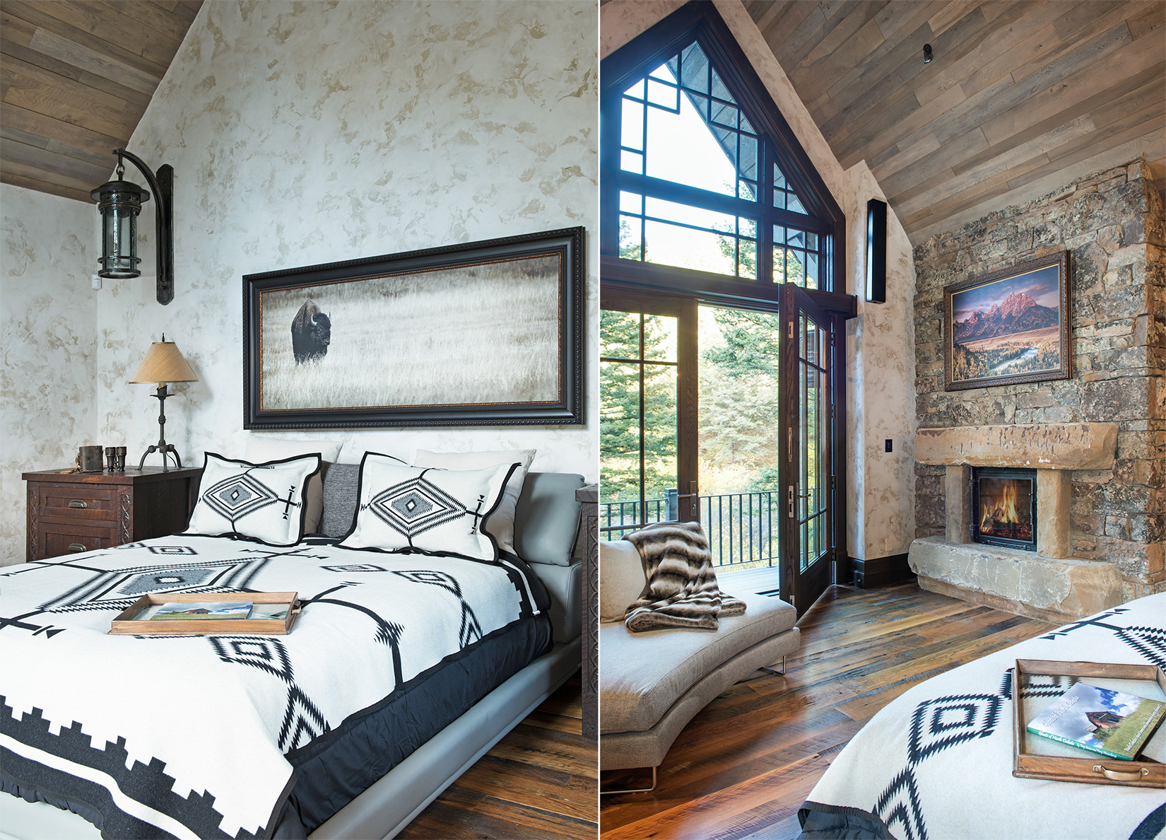 The vaulted ceiling and large windows make this a master bedroom I would love to come home to! - plus I LOVE the bedding and the photo of the buffalo!