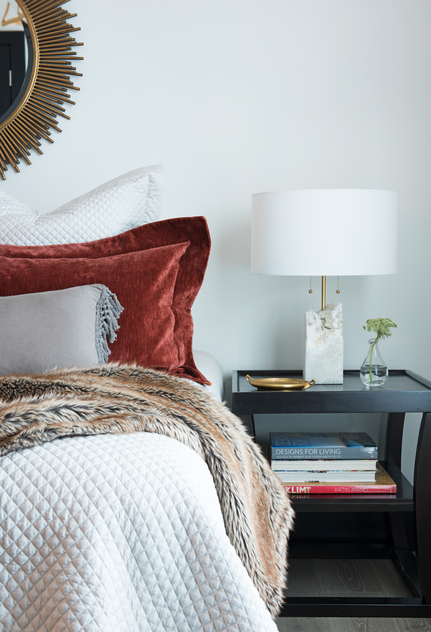 This gorgeous guest bedroom is just off the main living area. So lovely - the fur blanket is a really nice touch!