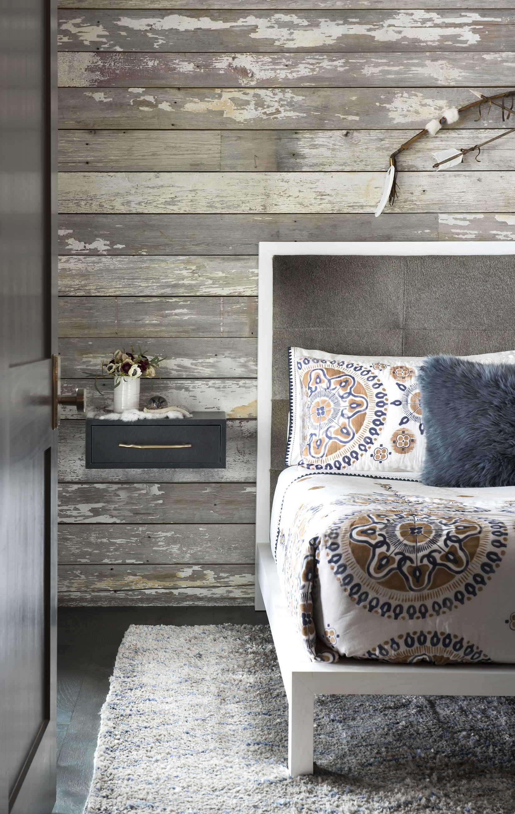 The texture on the wall draws you right in to this adorable guest bedroom. Interior Design - Karen Bow Interiors.