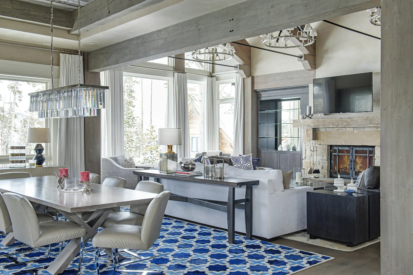 I love how this dining room opens up to the great room, and those blues! Yellowstone Club