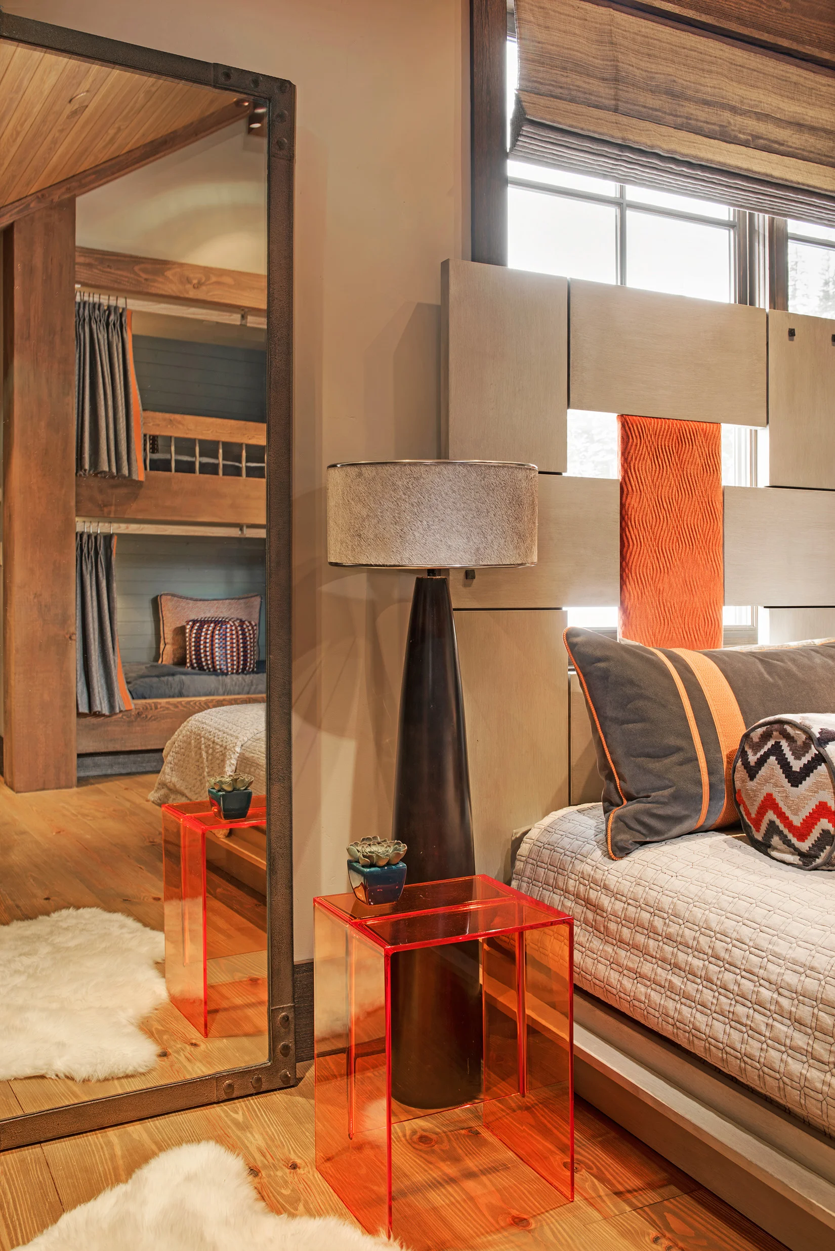 Color and fun is what this space is all about! The modern look of the nightstand tied in with the rest of the room - so fun! Design by The Varda Group .