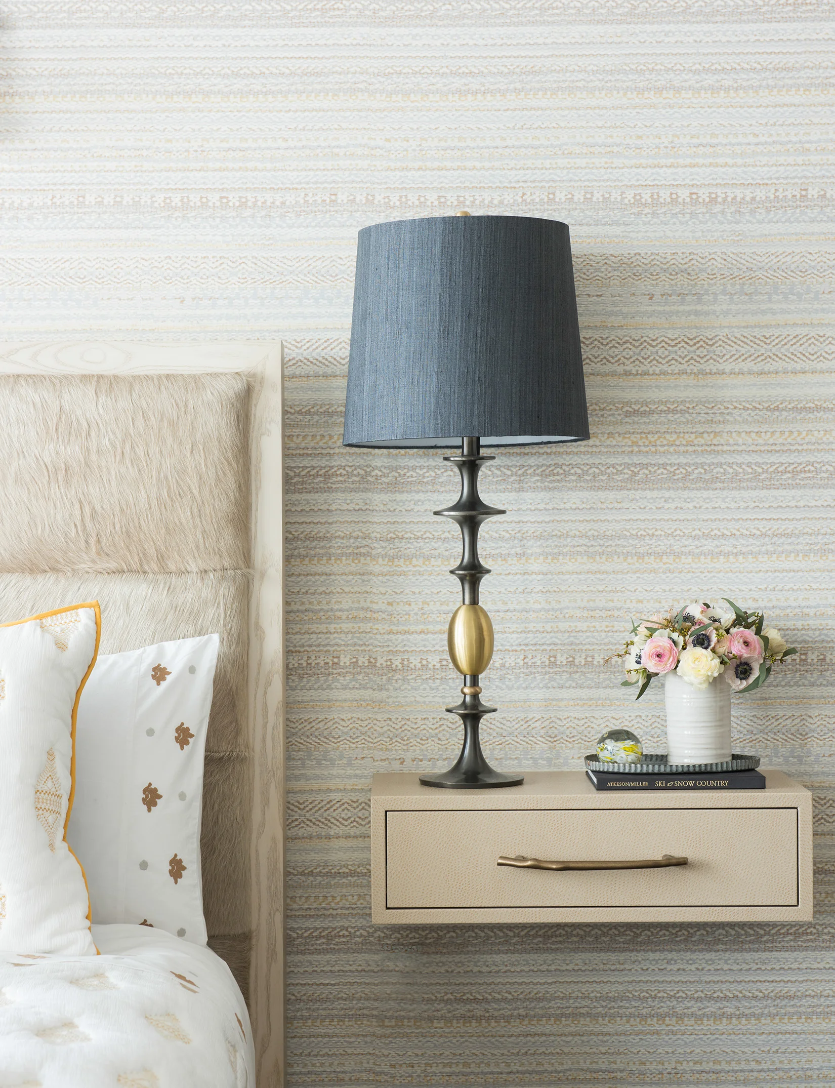 I love the wallpaper and the pastels - so relaxing! Design by Karen Bow Interiors . 
