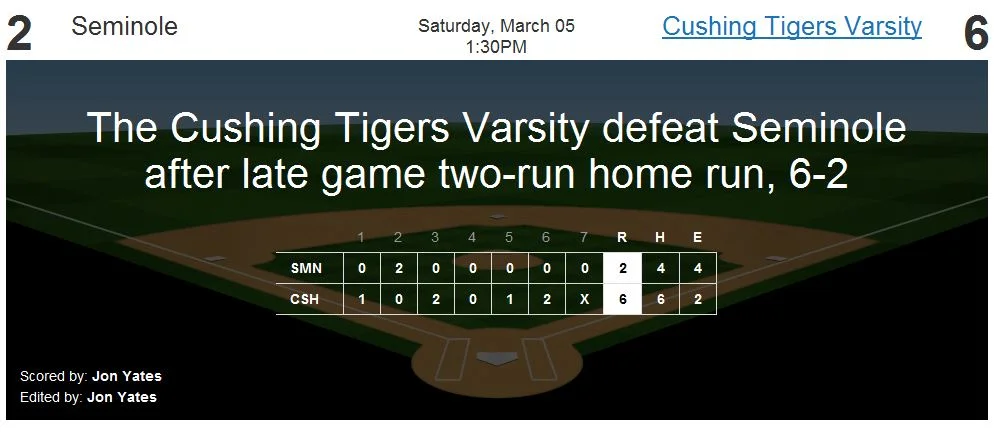 The Cushing Tigers defeat Seminole after late game two-run home run, 6-2