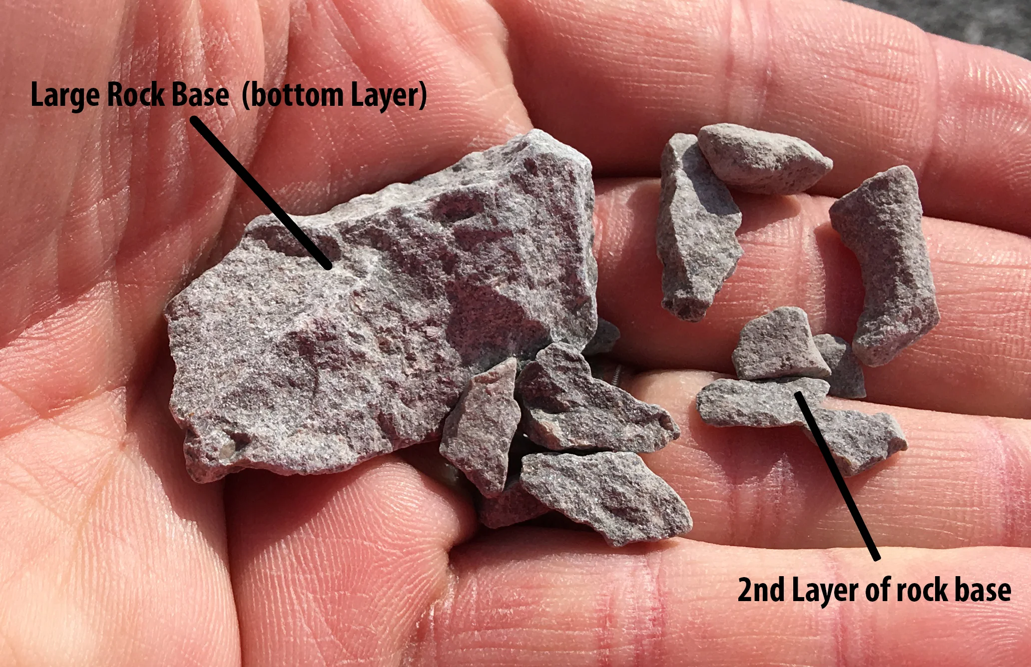 Size of rock that makes up the first two layers of the surface.