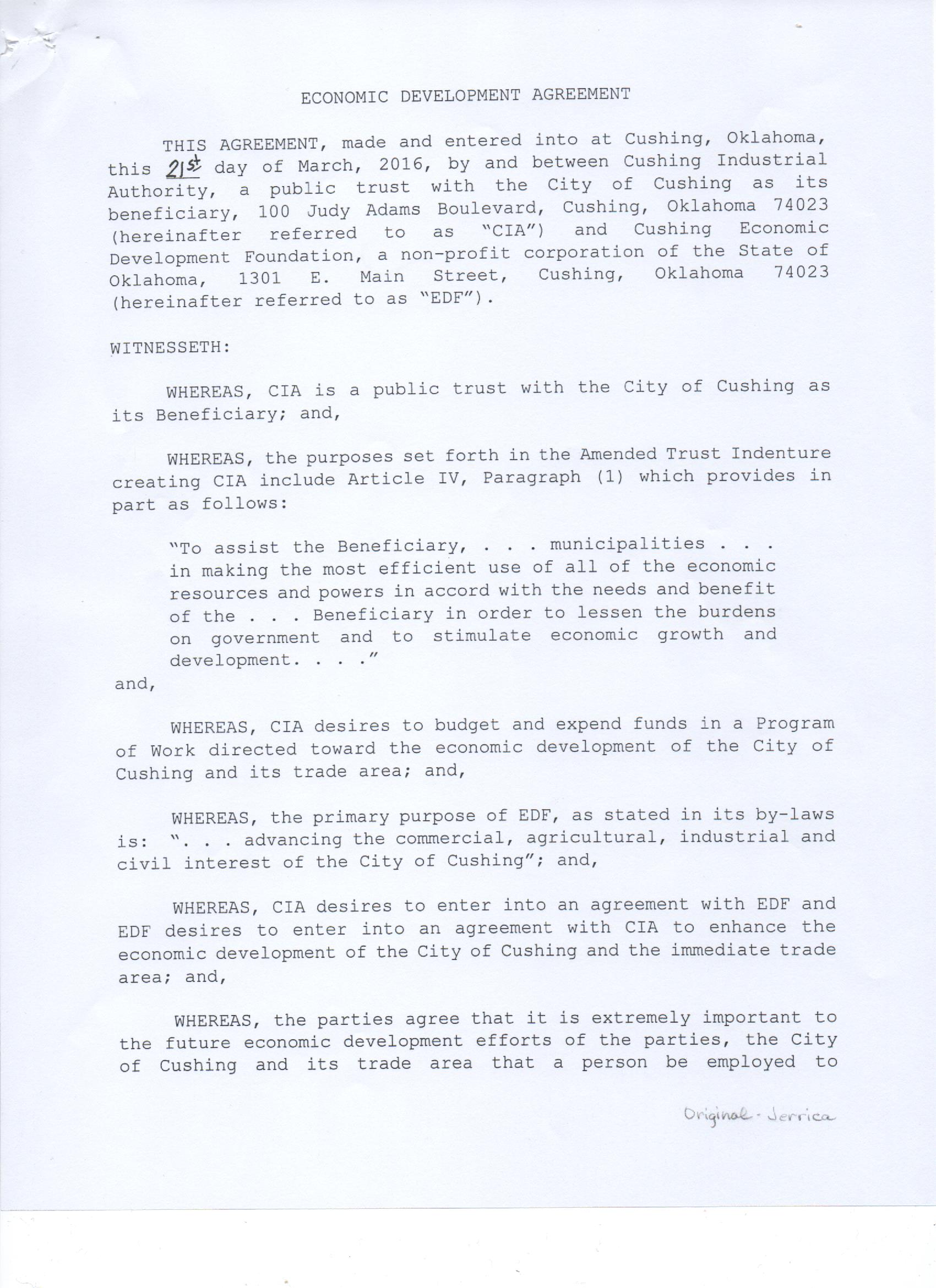 Page 1 of the City's Agreement with the Economic Development Foundation 
