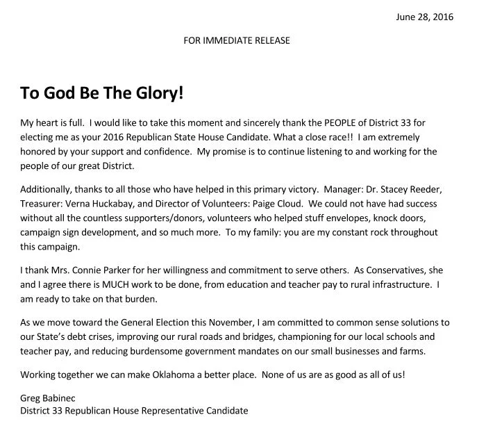 Press Release from Mr. Babinec