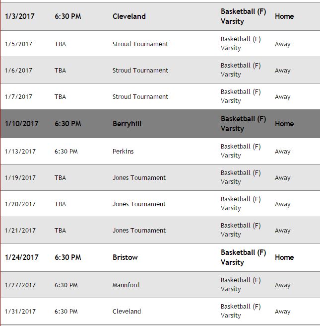 Schedule for January 2017
