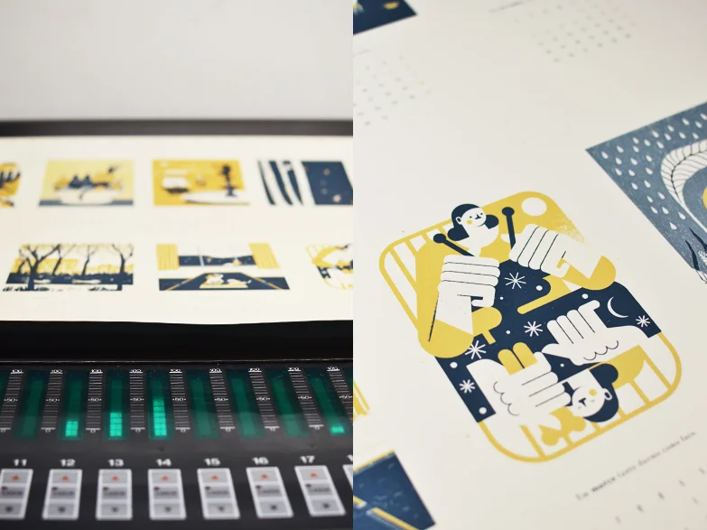 Do processo de acerto de cor, na impressão offset a duas cores. /  From the colour matching process, during the two colour offset printing.