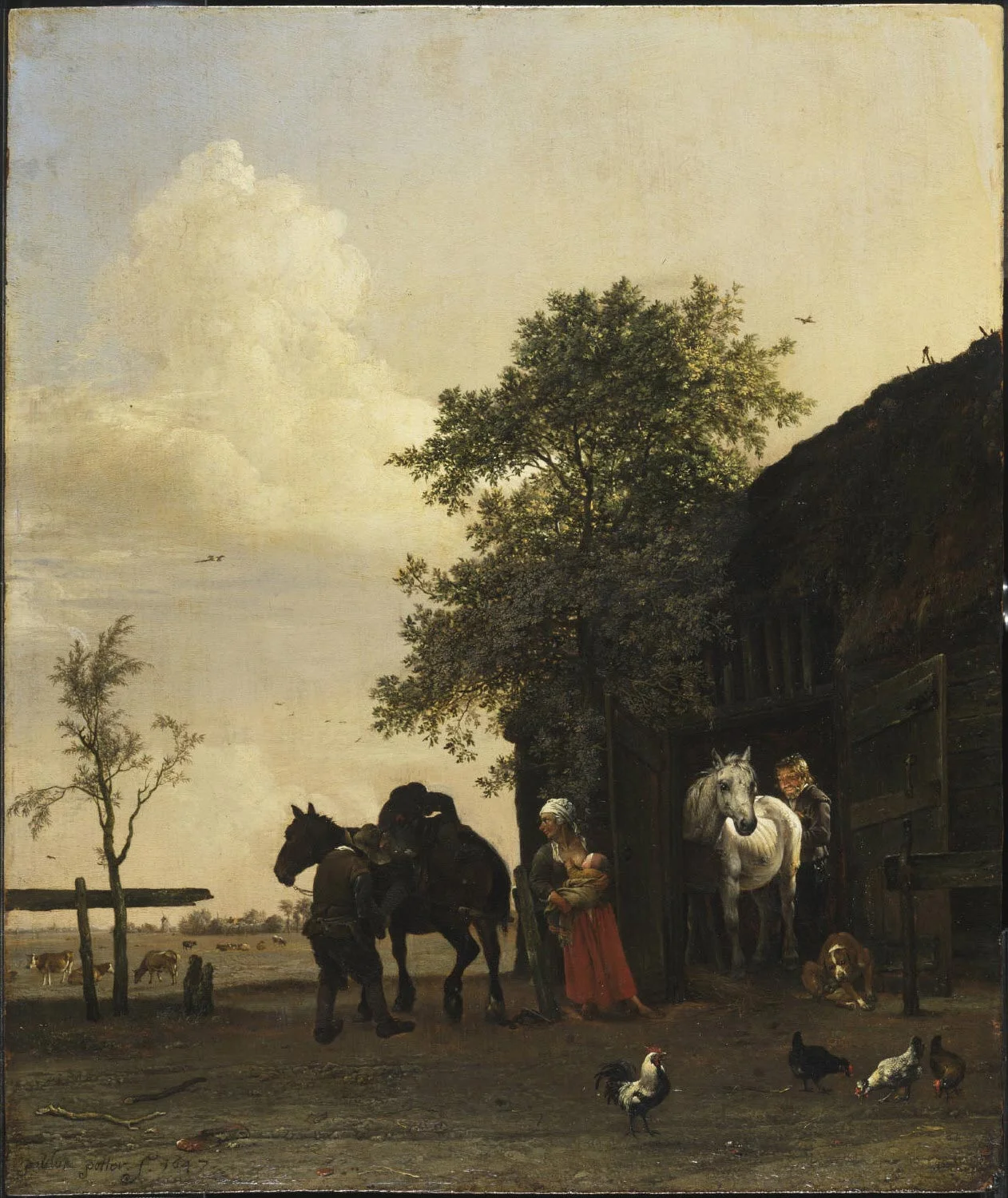 Paulus Potter- Figures with Horses by a Stable, 1647, oil on panel, 17.75x14.75”, Philadelphia Museum of Art