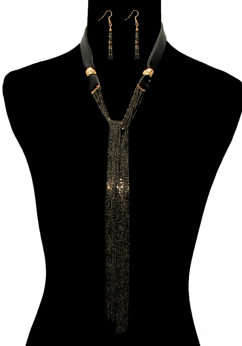 New Arrival Black faux leather toggle closure necklace set with mint beads chain layers