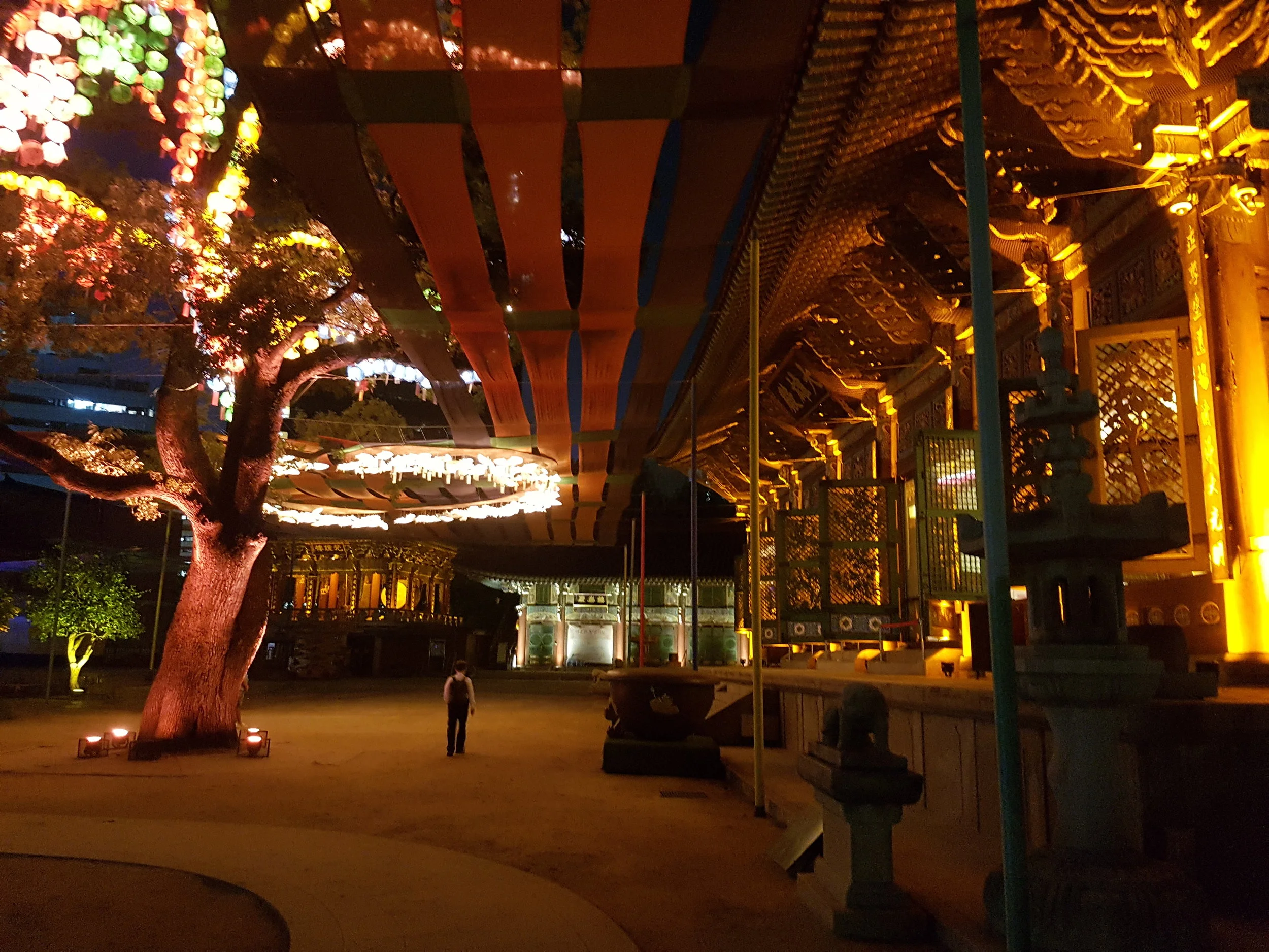 A temple lighted up celebrating Buddha's Birthday