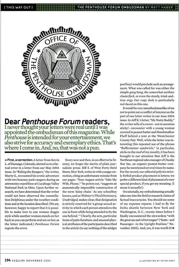 This Way Out: The Penthouse Forum Ombudsman | Esquire, November 2004
