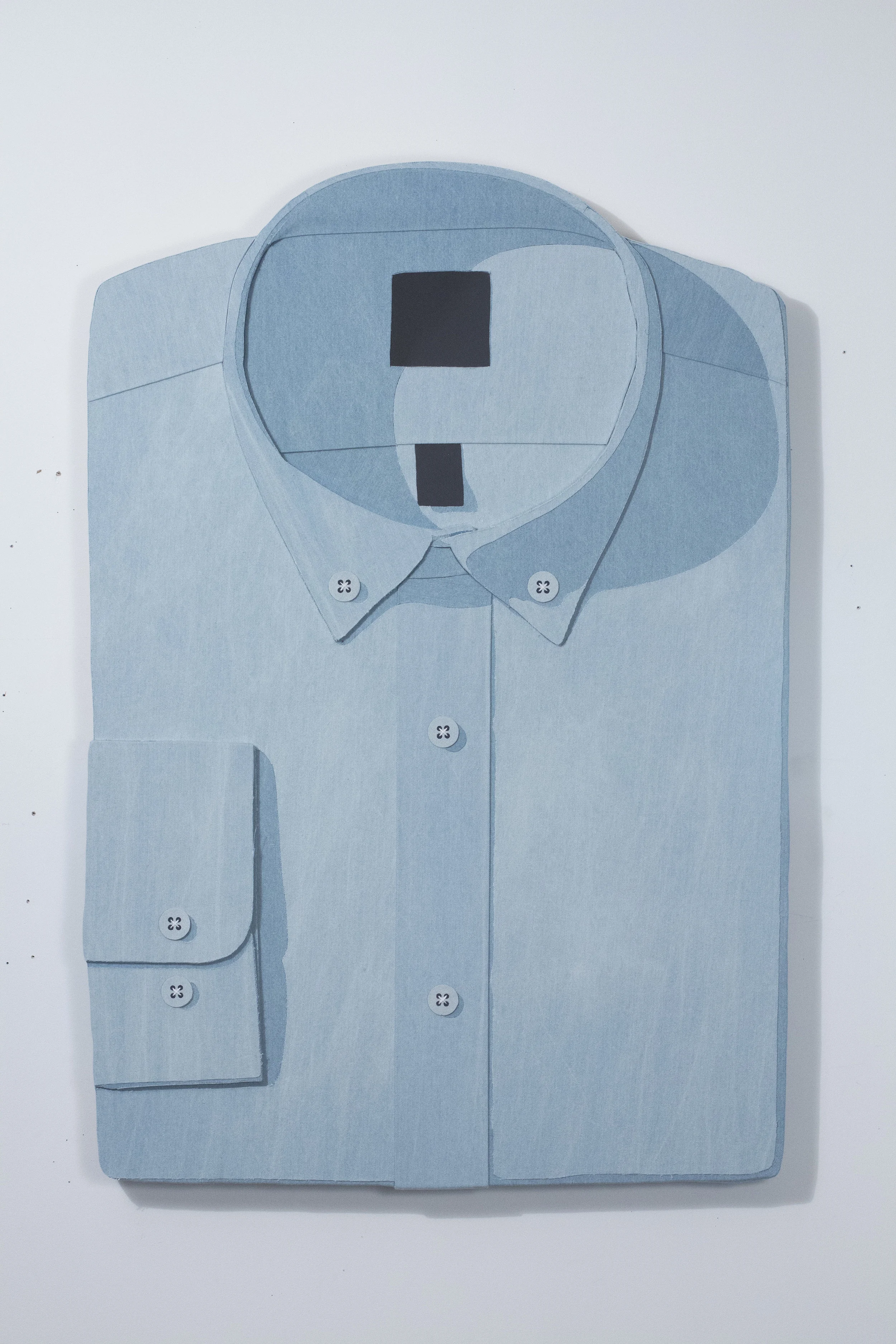 “Buttoned down” 50x34.5x3 inches Embroidery thread, flashe and denim on plywood 2019