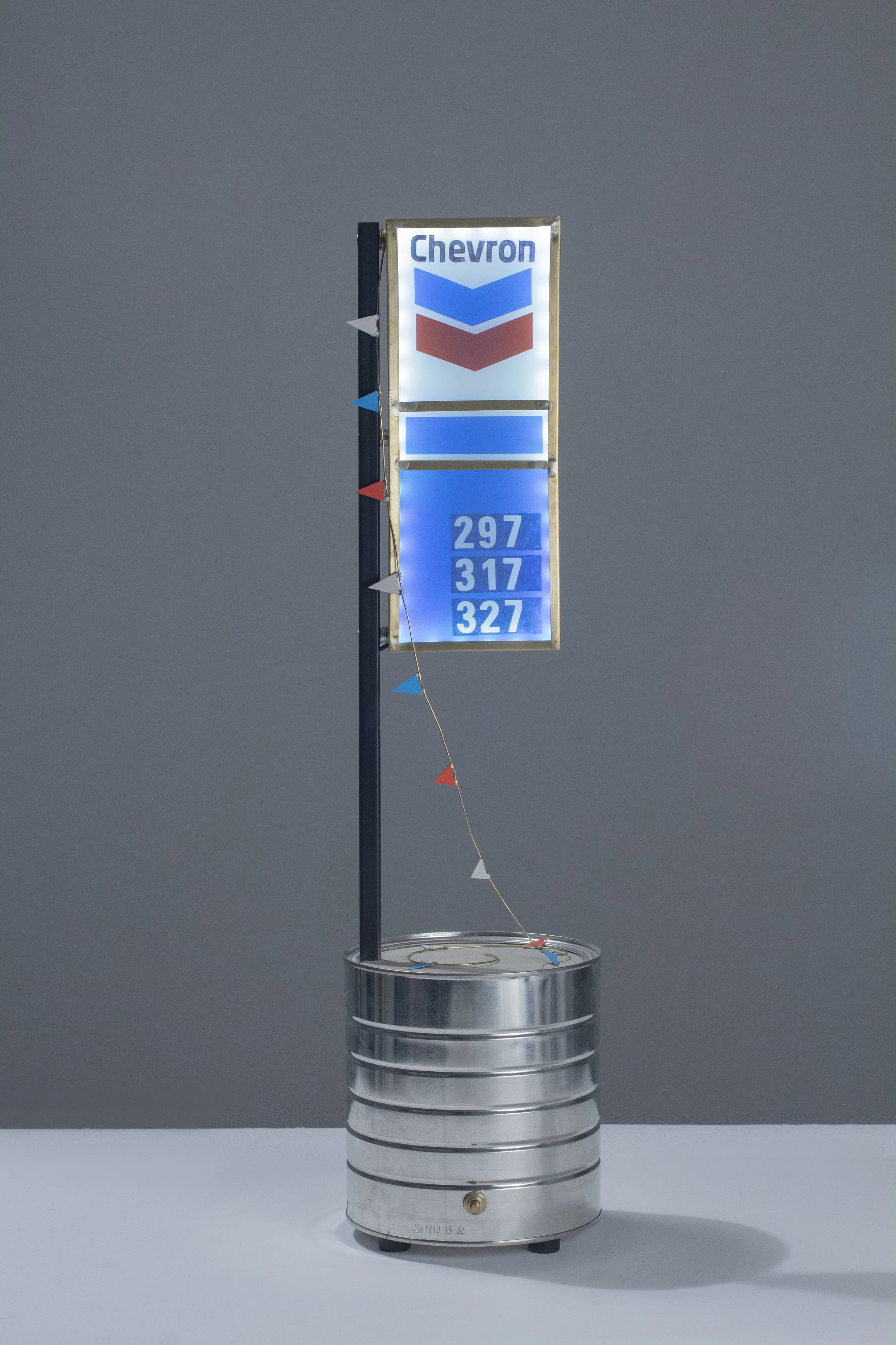 “Grand opening” 2019 Coffee tin, concrete, steel, brass, plywood, flashe, frosted plastic, sharpie, spray paint, colored gels, L.E.D.s, plywood and electrical cord