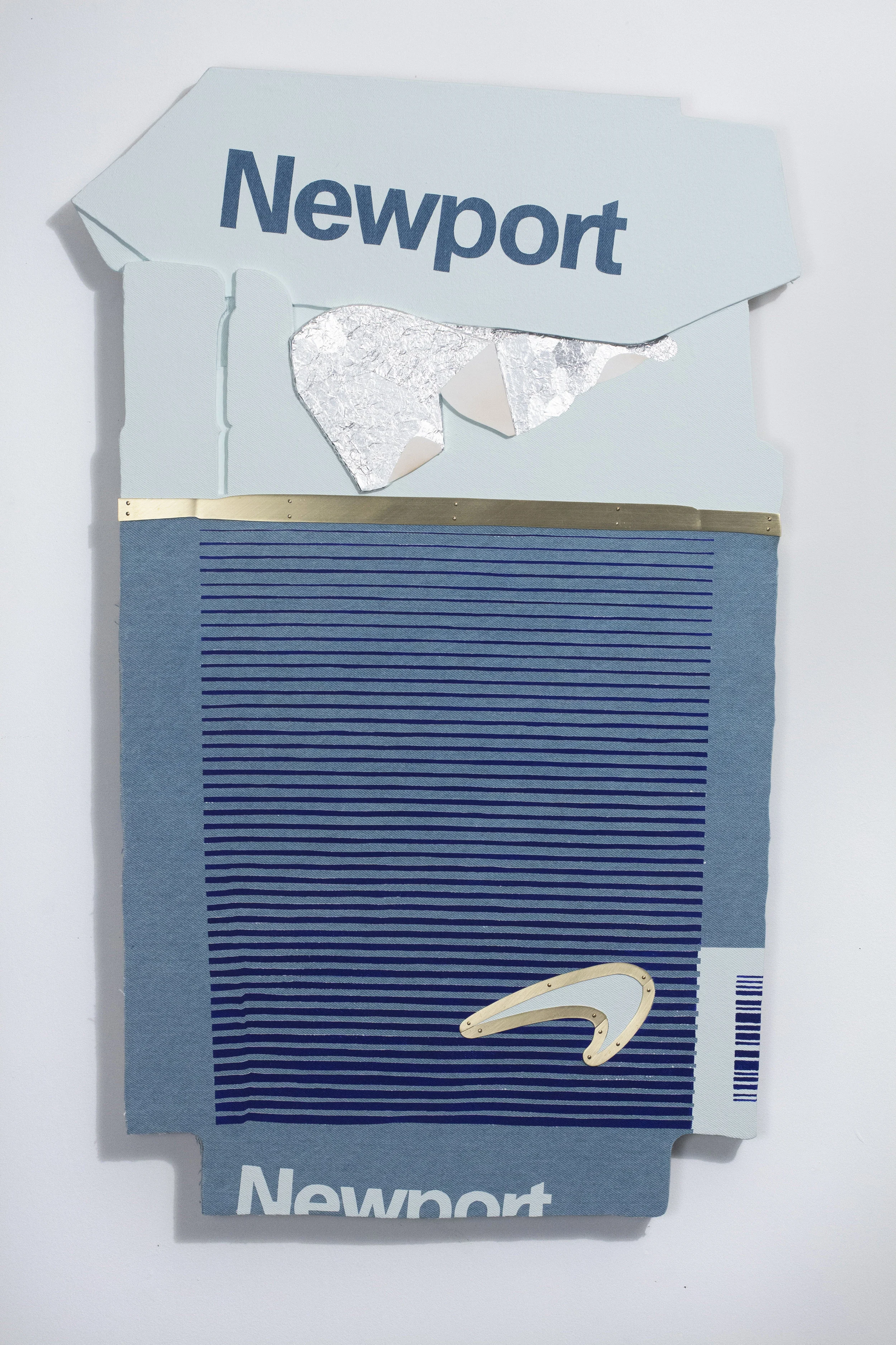 “Life’s a beach” 21.5x34x2.25 Tinfoil, paper, flashe, brass, brass nails and denim on plywood
