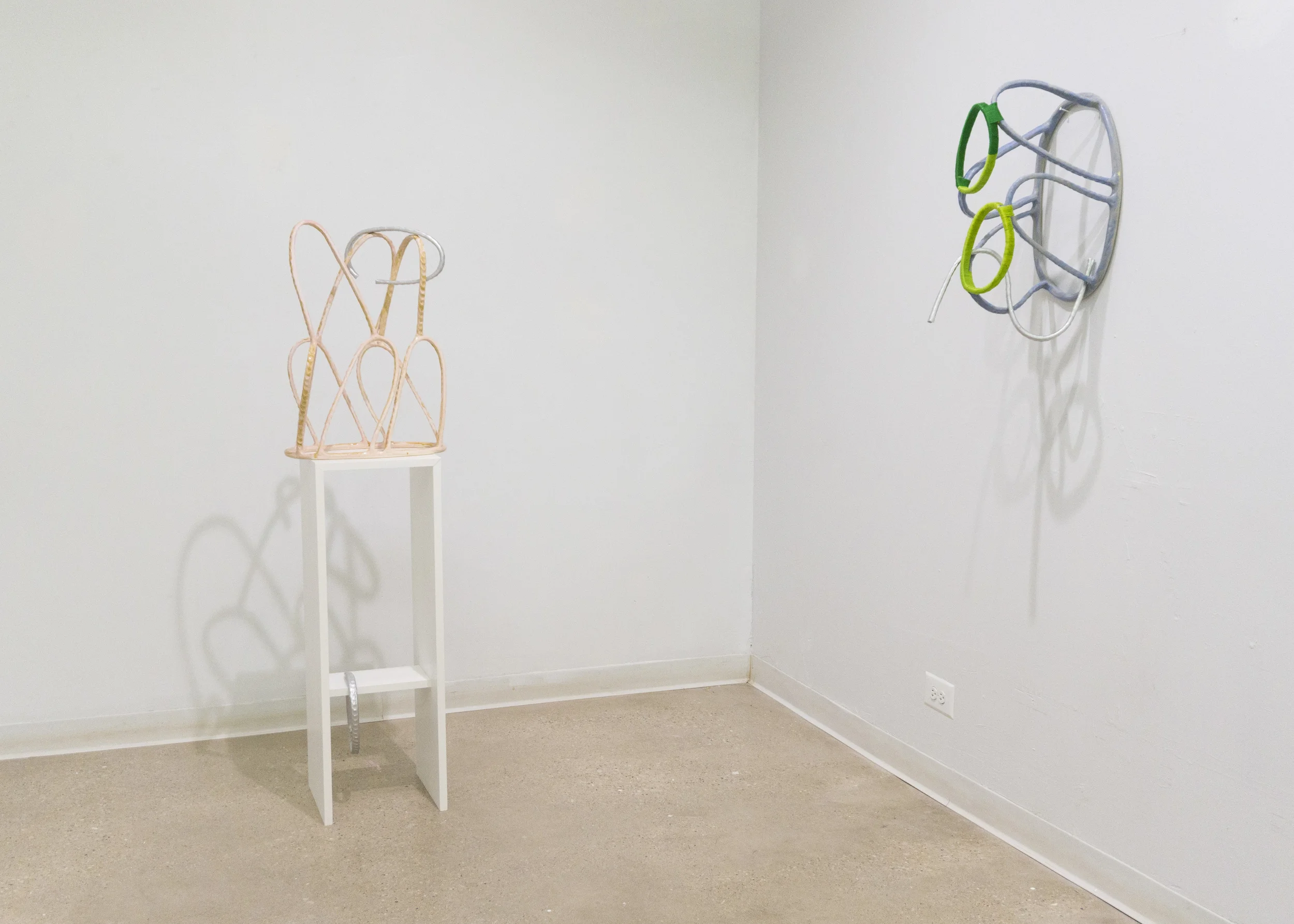 In Space And Place Ceramic, glaze, embroidery floss, spray paint, wooden pedestal Dimensions variable (20h x 19l x 15w ft space) 2016