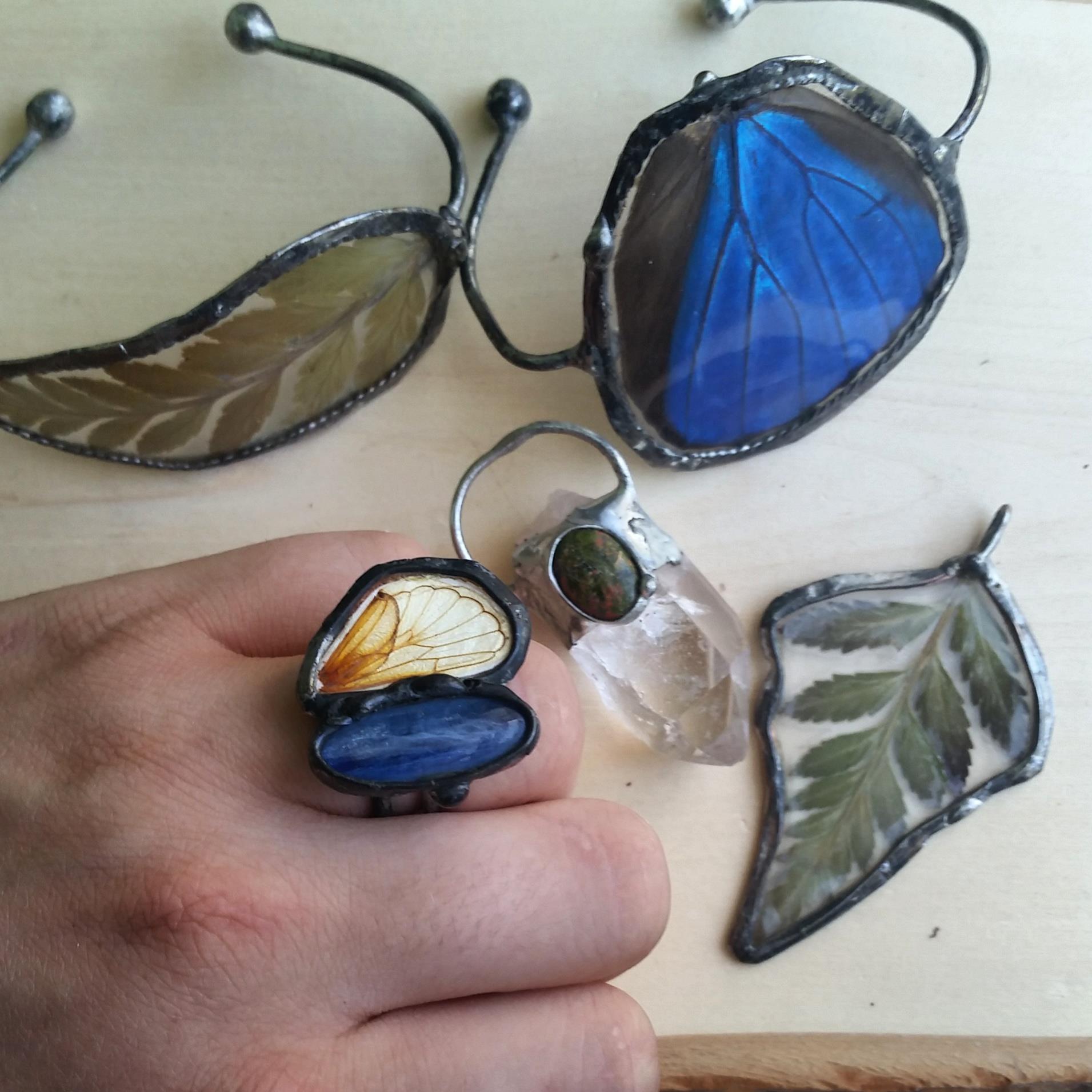    Fern Pendant &amp; Cuff, Blue Morpho Butterfly Wing Cuff, Cicada Hind Wing &amp; Blue Kyanite Ring    