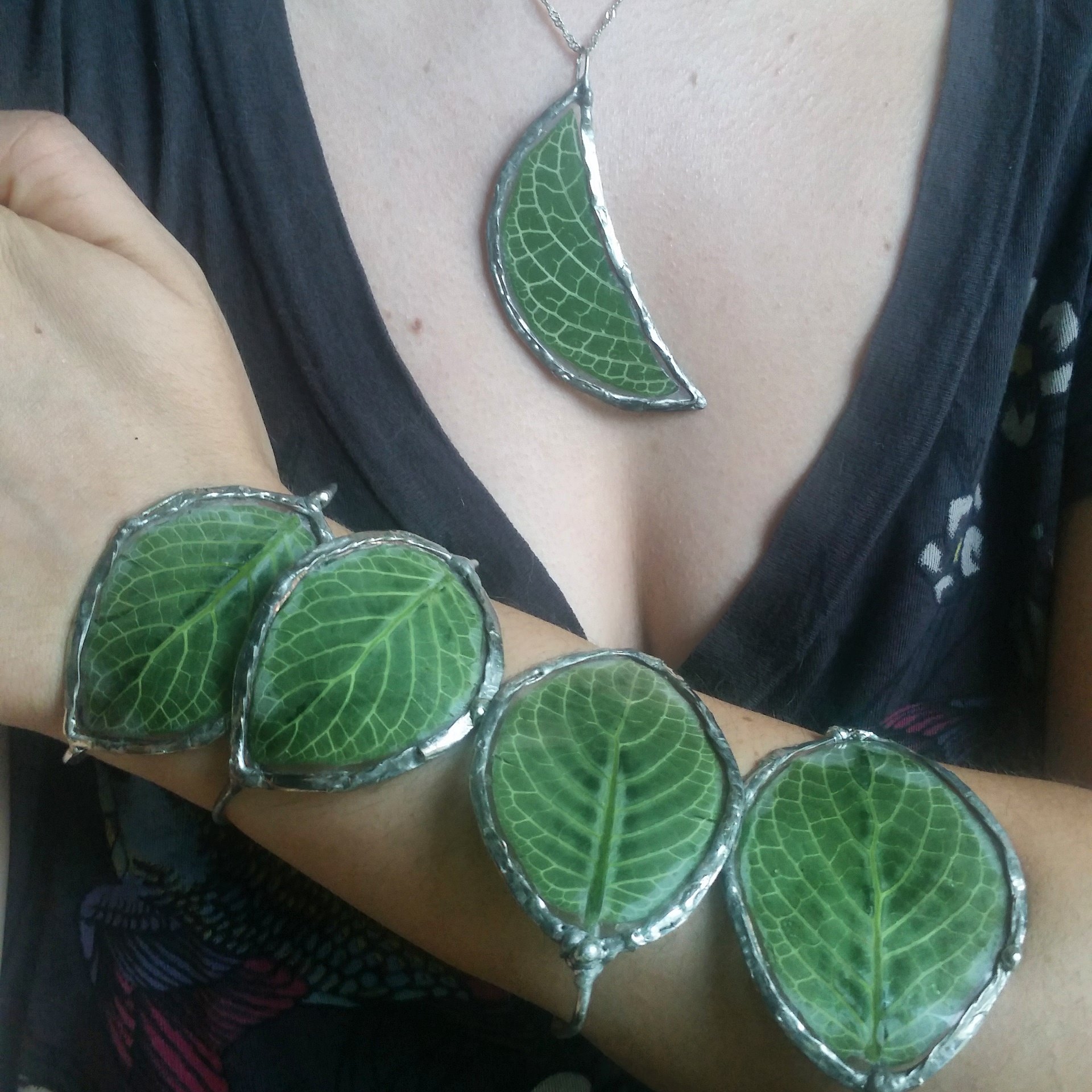    Fittonia Leaf Crescent Moon Necklace &amp; Fittonia Leaf Cuffs    Fittonia Leaves are nature to Peru. 