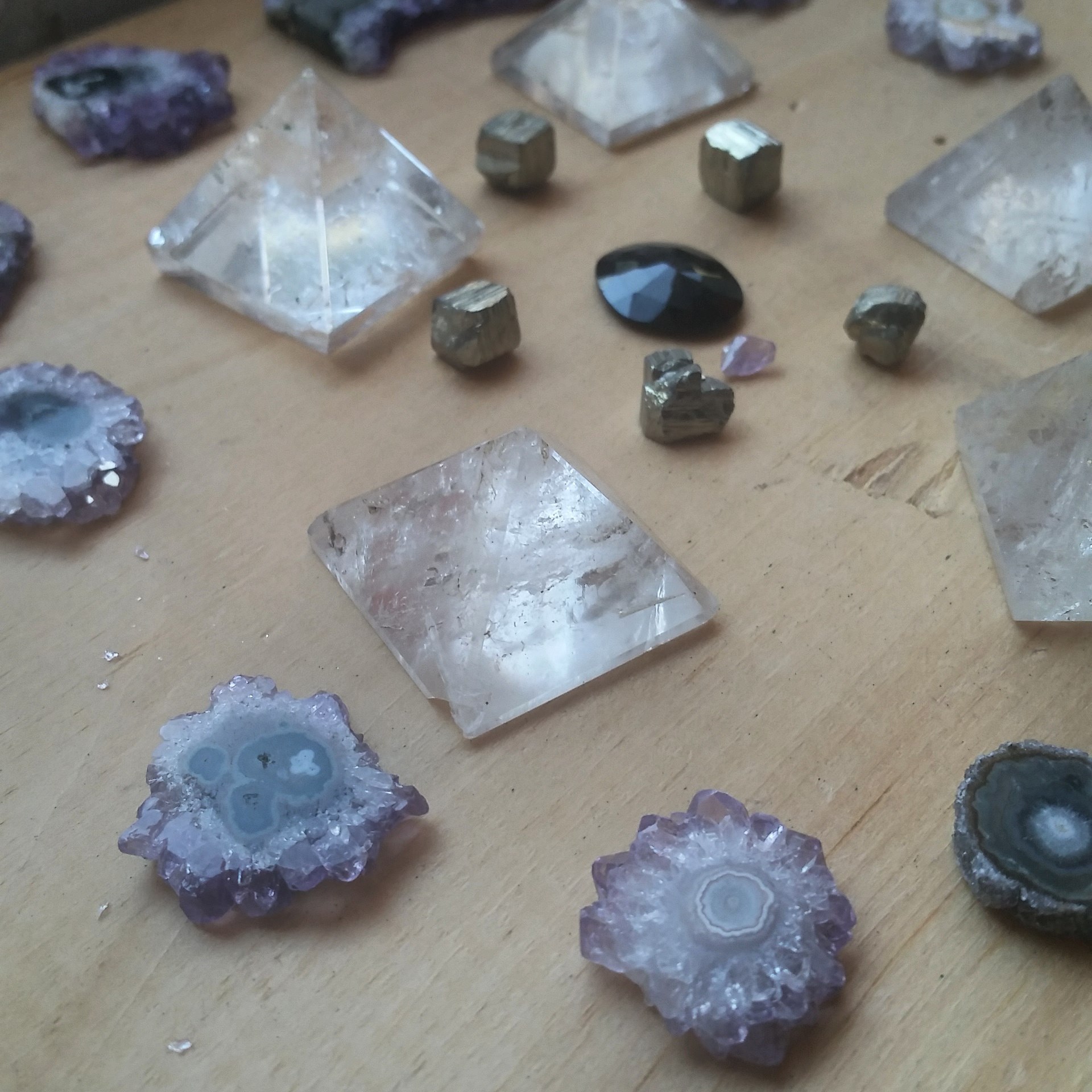 Amethyst Stalactites, Quartz Pyramids, Pyrite cubes
