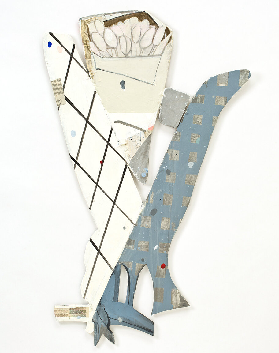 Osprey and Tulips 44” x 29” acrylic, ink, metallic paint, collage on wood, 2017