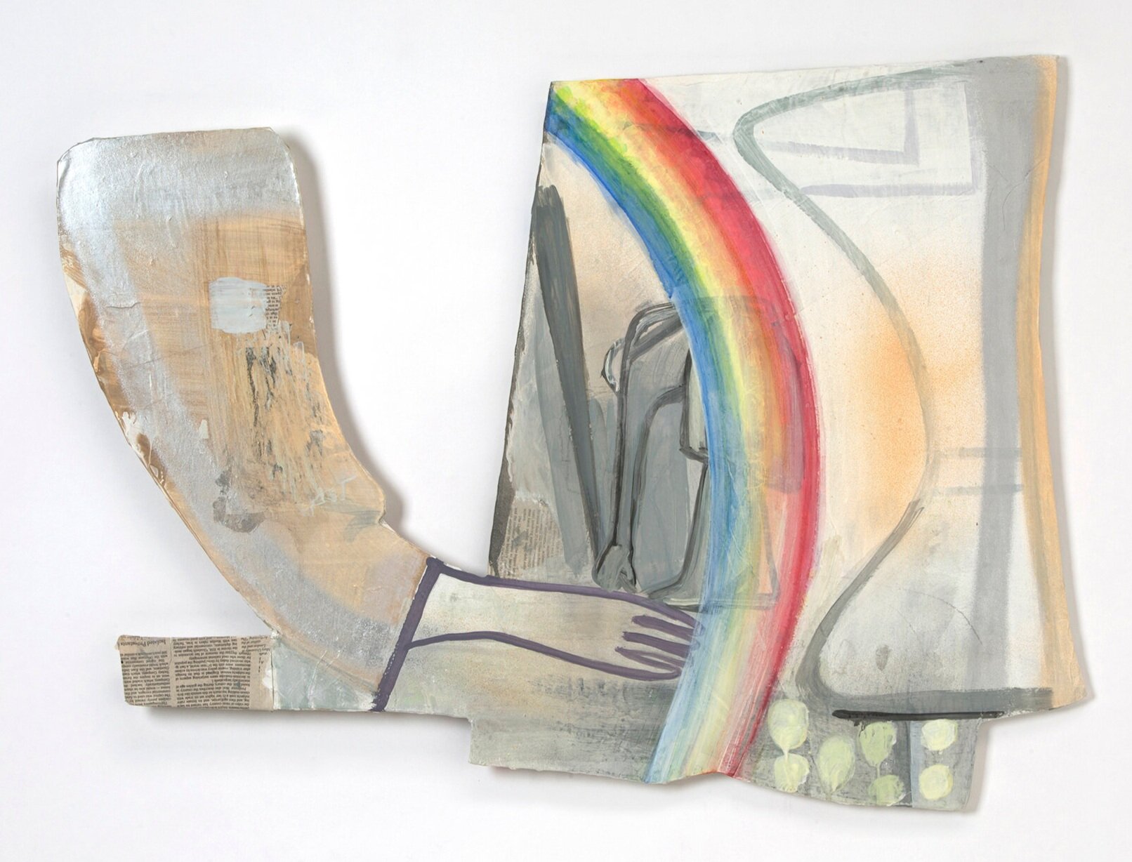 The Glass Hunters, 24” x 33”, acrylic, flashe, ink, collage metallic paint, spray on wood, 2017