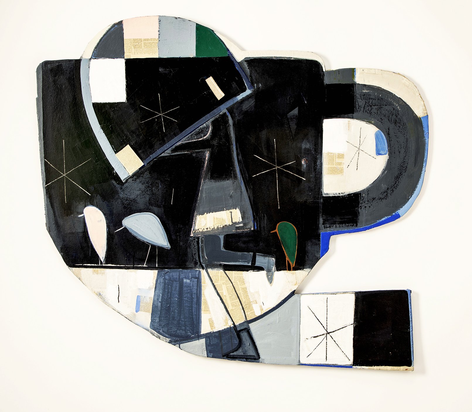 “Tea Cup Rain”, Flashe, Acrylic, Collage on Fabric and Wood, 47” x 51”, 2023