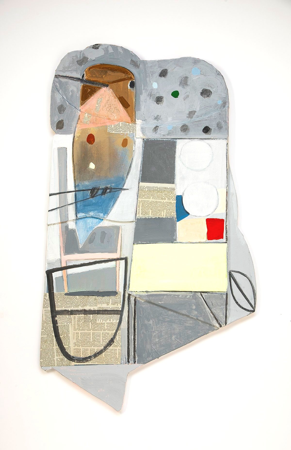 Bird and Table, 40” x 25”, 2023 , flashe, acrylic, collage, and spray on fabric on wood