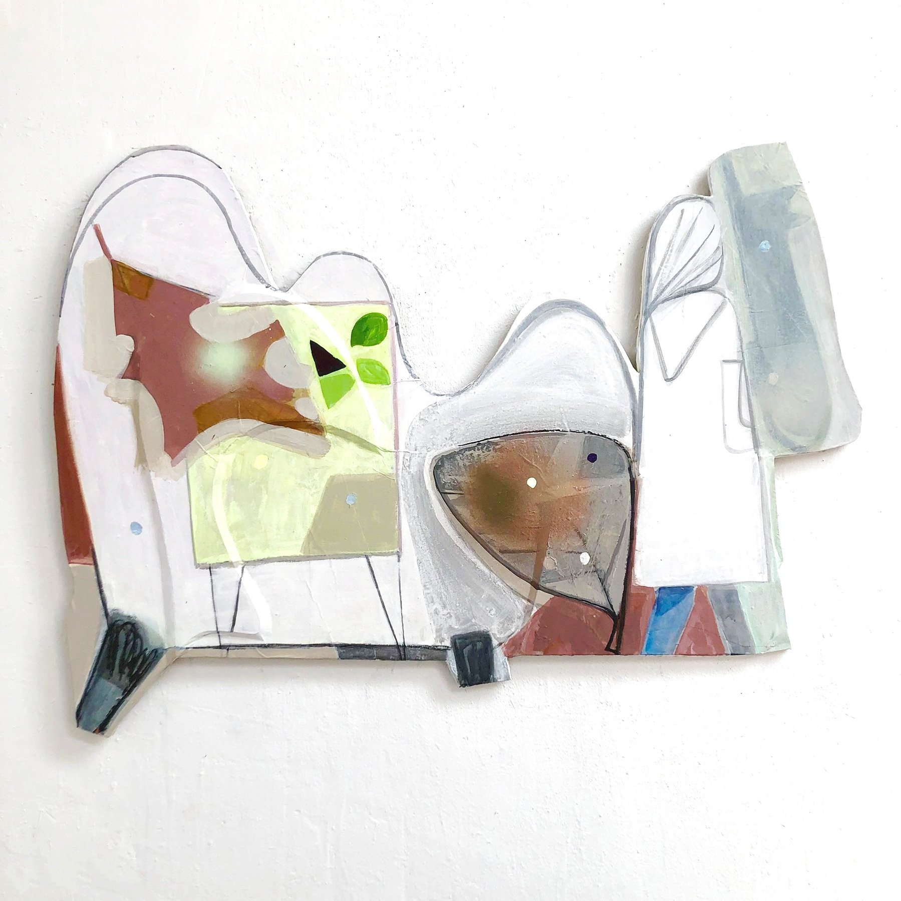 Al Fresco with Cat 29” x 38”, flashe, acrylic, marble dust, spray on wood, 2022