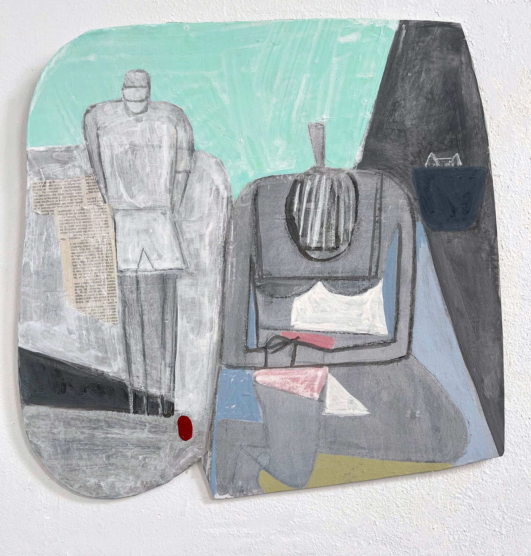 Writer, with Figure and Cat 18" x 19.5", flashe, acrylic, ink, charcoal, collage. 19" x 19"