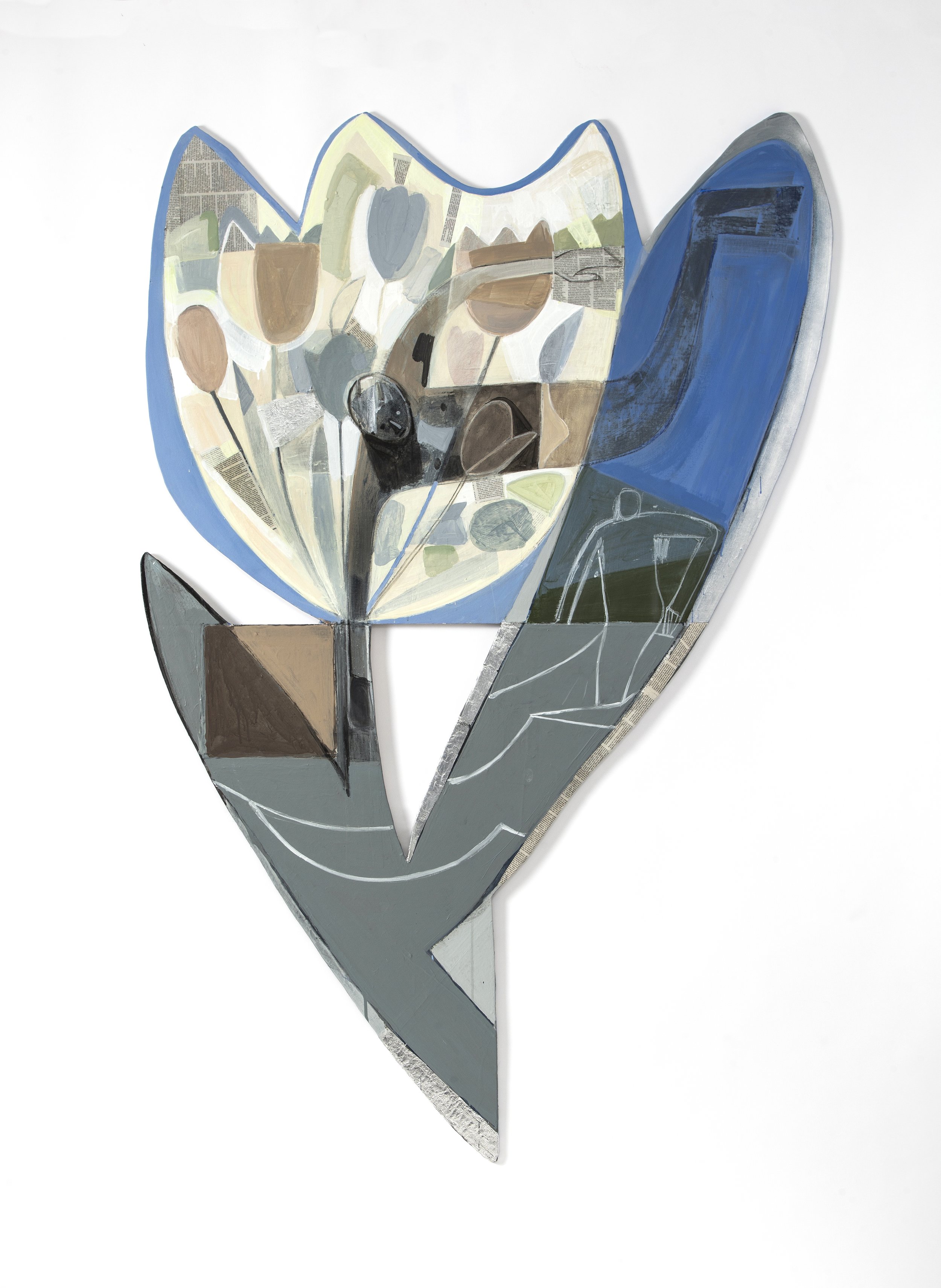 Tulip Dancer 76” x 49”, mixed media and collage on fabric and wood, 2022