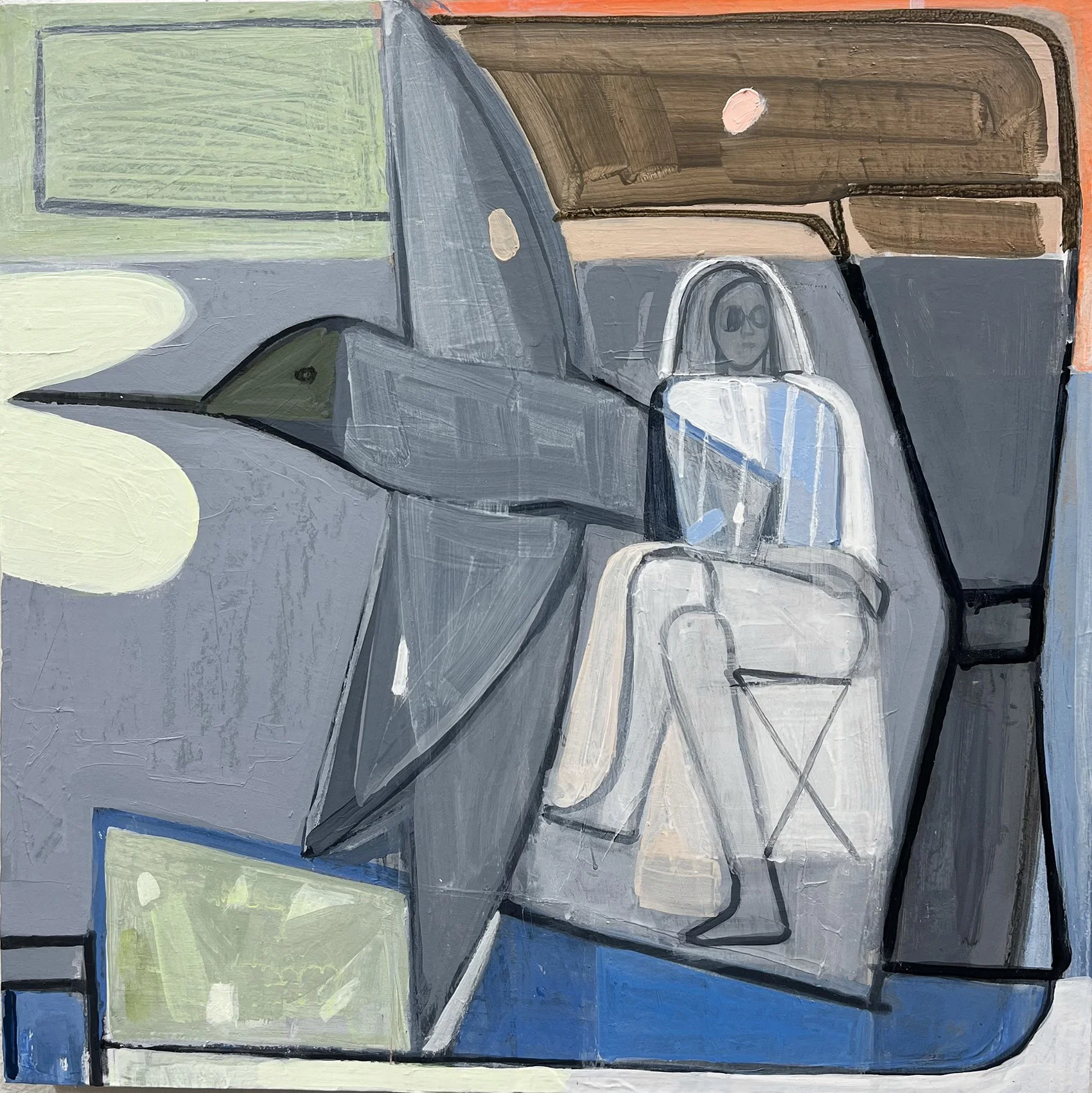 Hummer and Seated Woman, 20" square, flashe, acrylic on wood. 2026