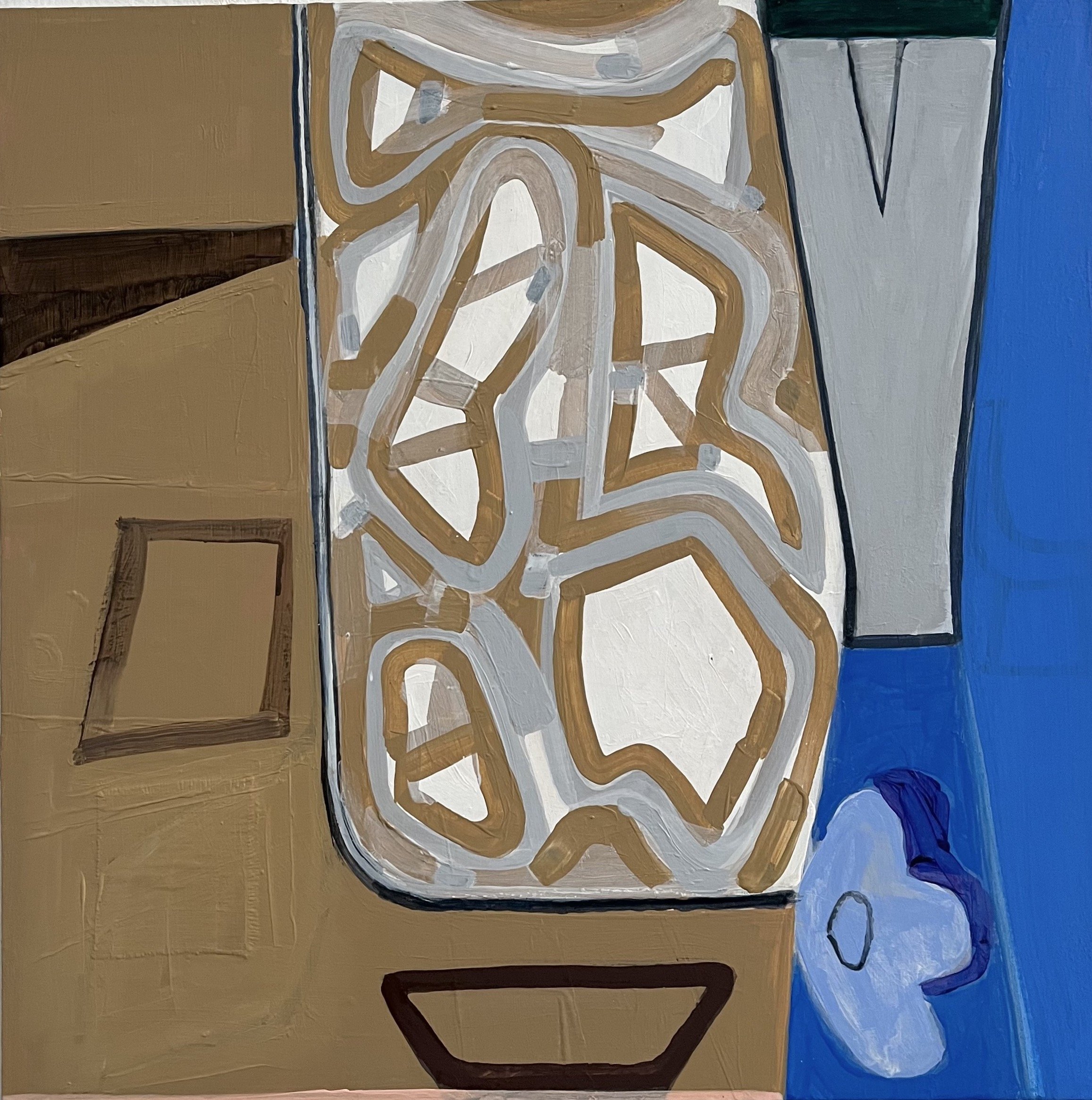 Interior with Bowl, 20" x 20" Flashe, Acrylic on Fabric and Wood, 2025
